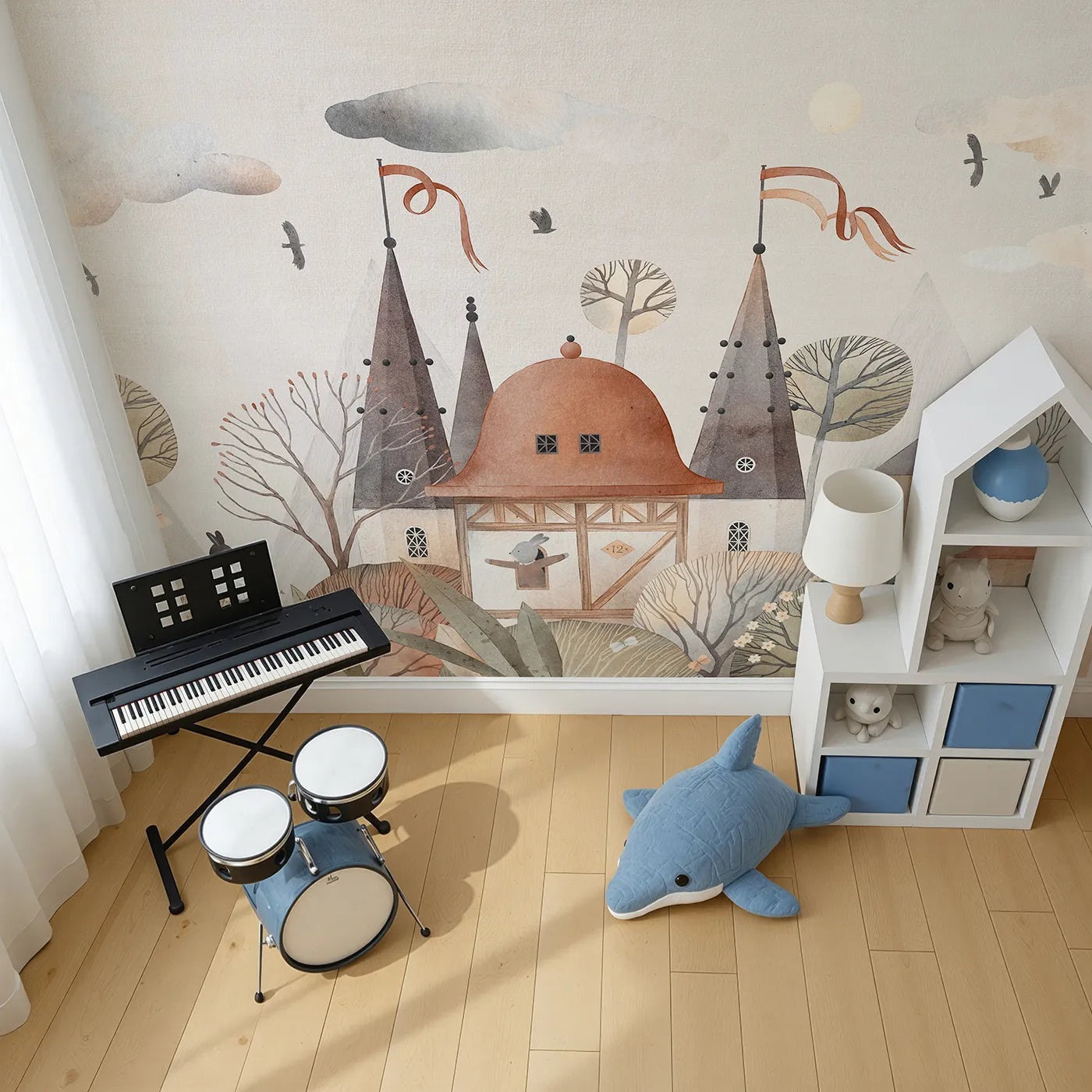 Top-down view of Whimsy Tots' Medieval Rabbit Town Wall Mural (Turn Their Room into a Whimsical, Storybook Kingdom).Gender-Neutral
