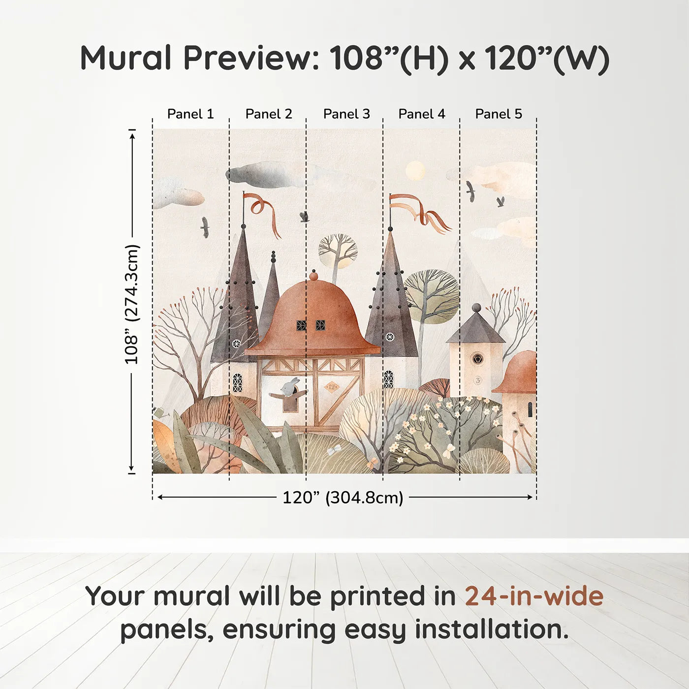 Whimsy Tots Medieval Rabbit Town Wall Muraldimension view (108" H x 120" W). Printed in five 24-inch-wide panels. Gender-Neutral