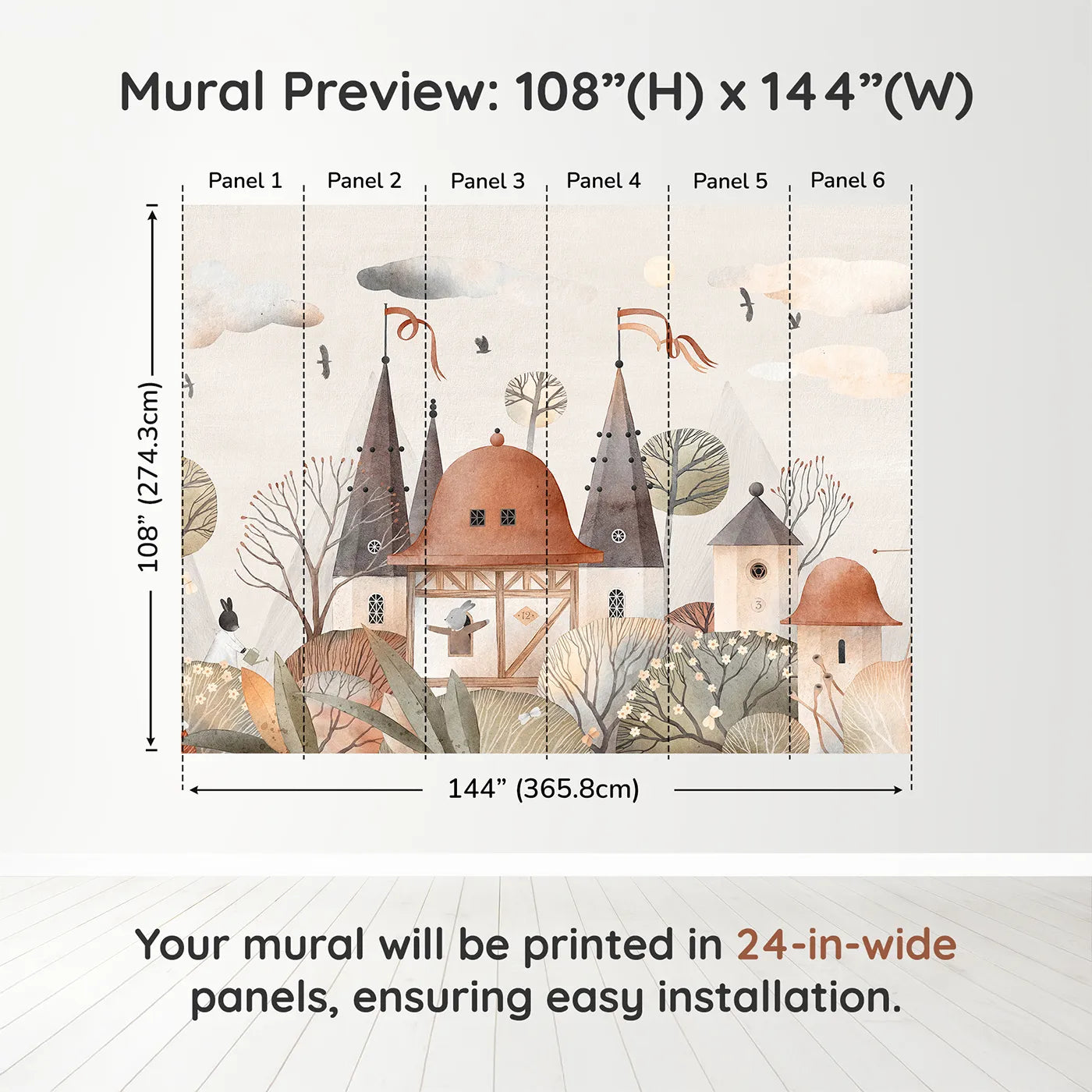 Whimsy Tots Medieval Rabbit Town Wall Muraldimension view (108" H x 144" W). Printed in six 24-inch-wide panels. Gender-Neutral