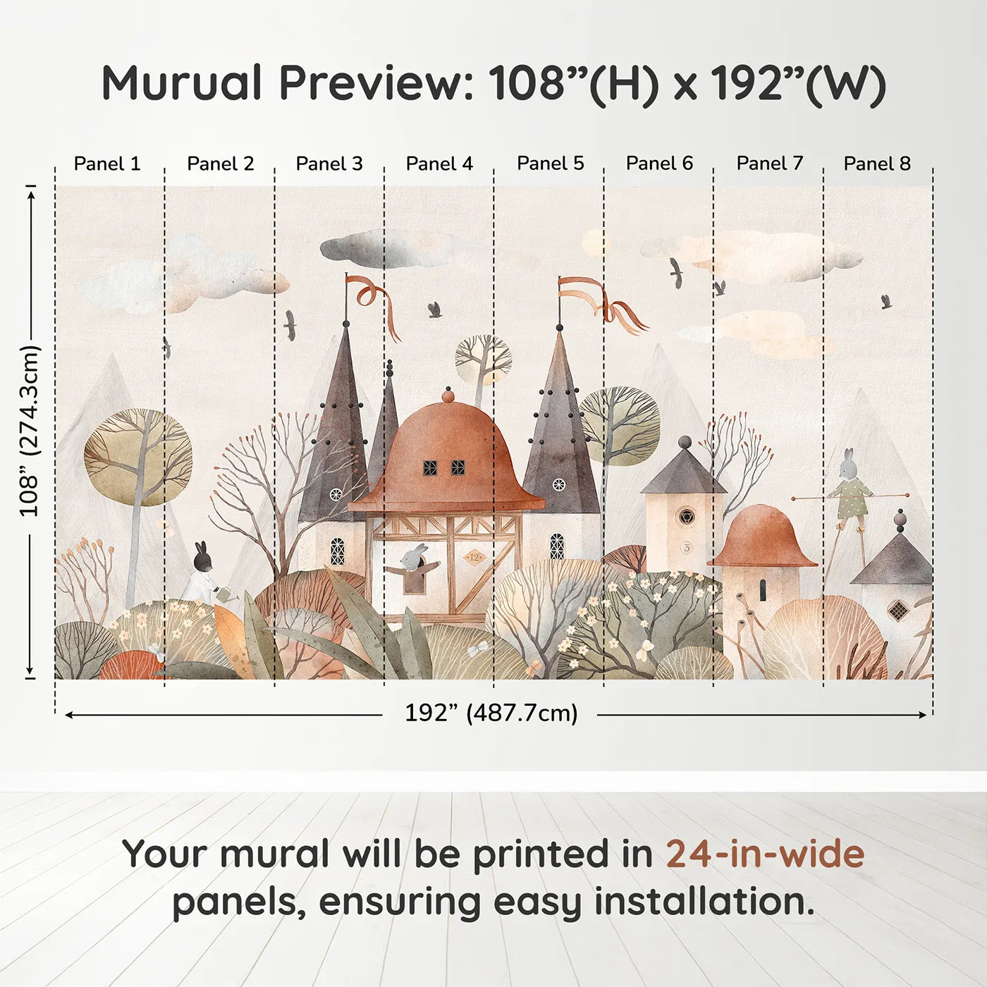 Whimsy Tots Medieval Rabbit Town Wall Muraldimension view (108" H x 192" W). Printed in eight 24-inch-wide panels. Gender-Neutral
