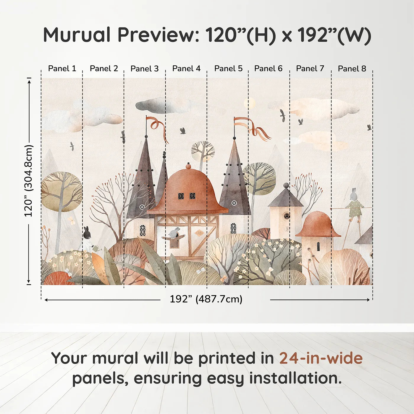 Whimsy Tots Medieval Rabbit Town Wall Muraldimension view (120" H x 192" W). Printed in eight 24-inch-wide panels. Gender-Neutral