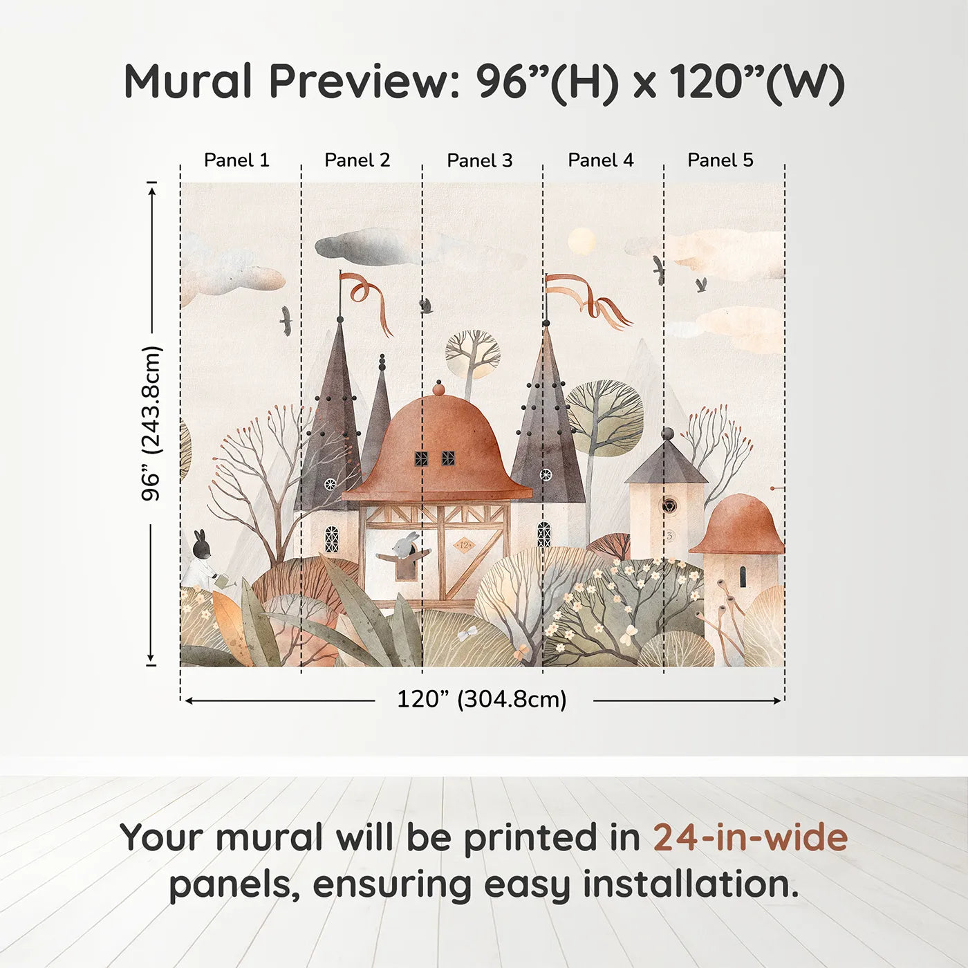 Whimsy Tots Medieval Rabbit Town Wall Muraldimension view (96" H x 120" W). Printed in five 24-inch-wide panels. Gender-Neutral