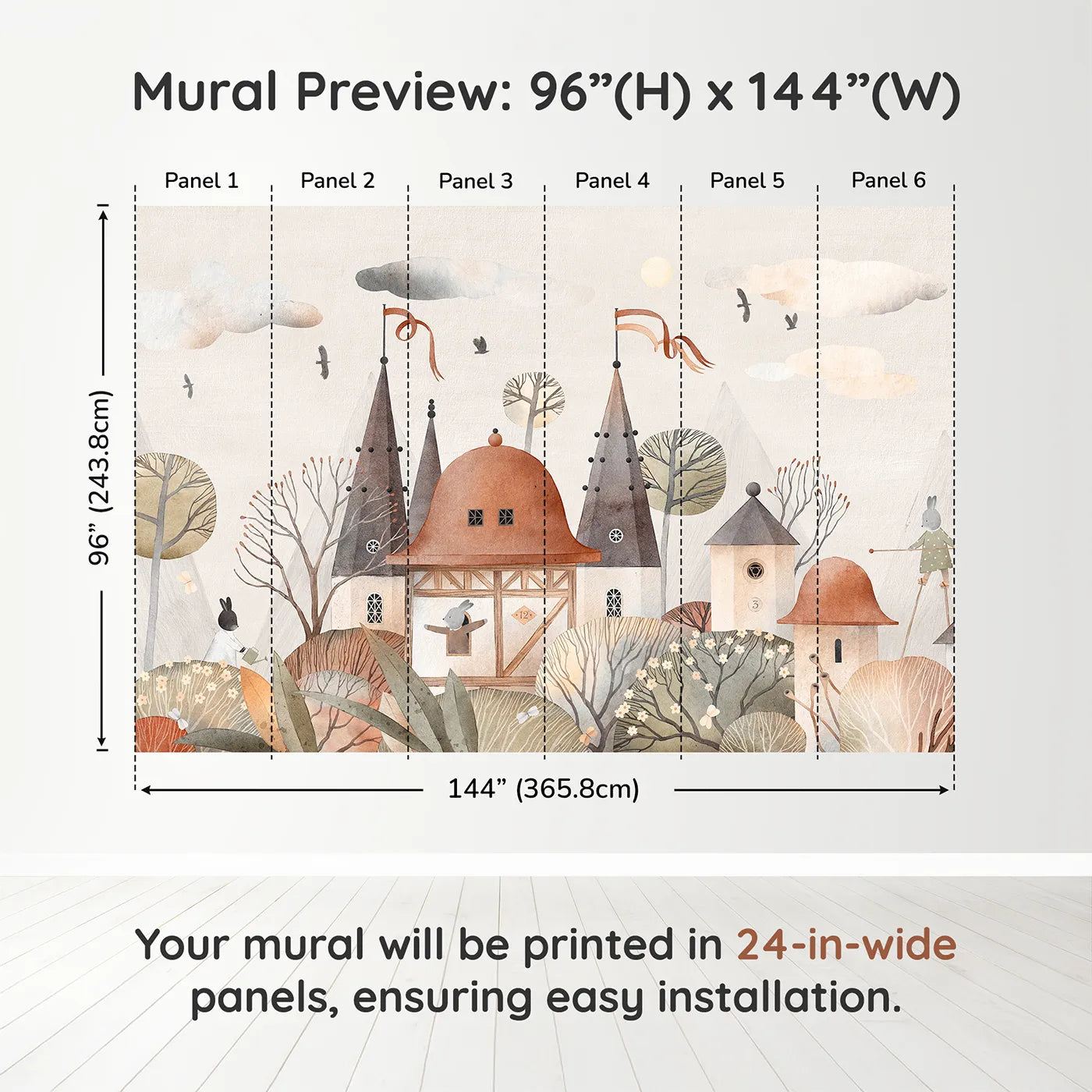 Whimsy Tots Medieval Rabbit Town Wall Muraldimension view (96" H x 144" W). Printed in six 24-inch-wide panels. Gender-Neutral