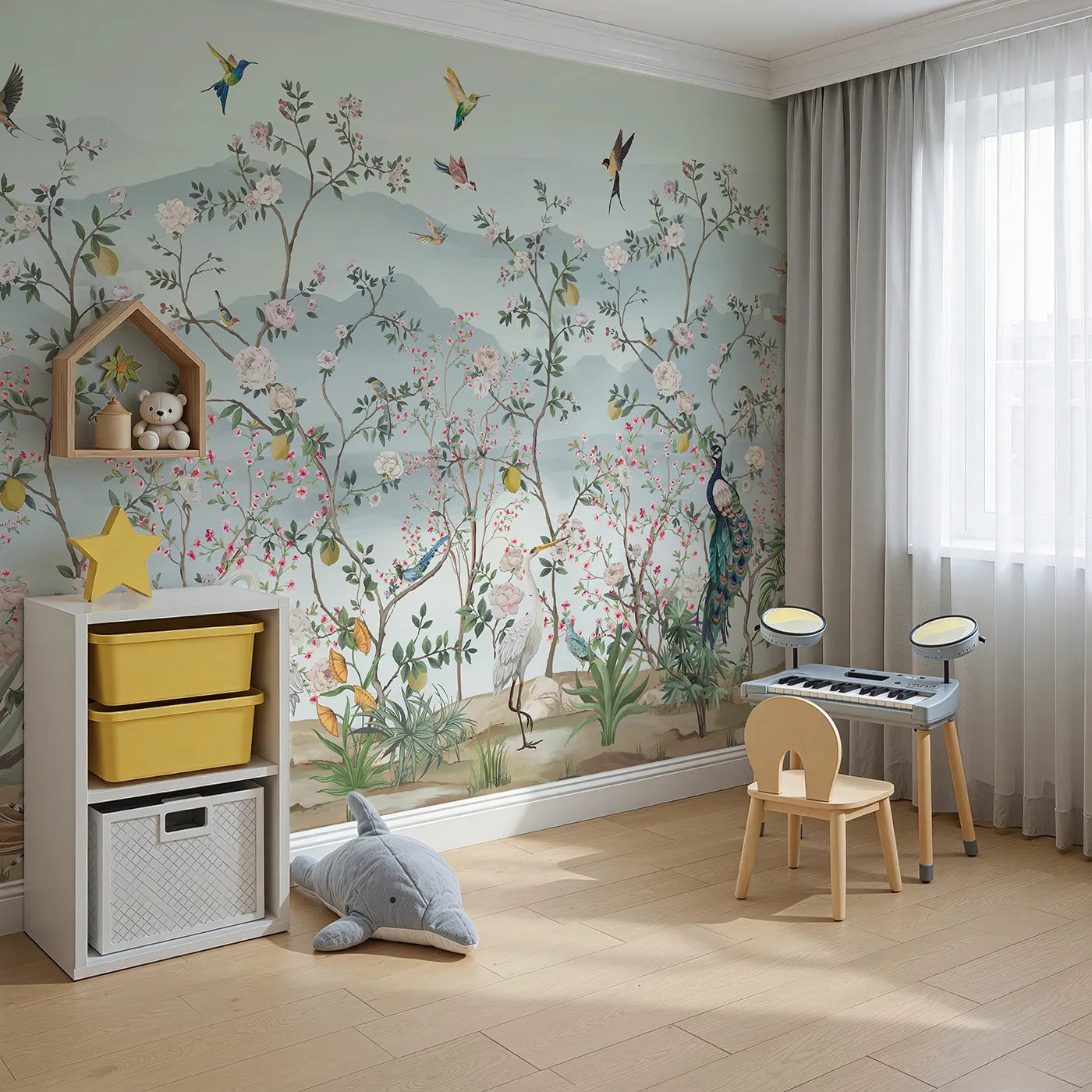 Angled view of Whimsy Tots' Chinoiserie Paradise Wall Mural (Turn Their Room into an Elegant, Hand-Painted Garden).Gender-Neutral