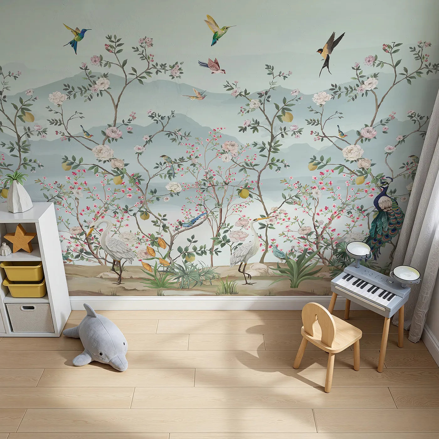 Top-down view of Whimsy Tots' Chinoiserie Paradise Wall Mural (Turn Their Room into an Elegant, Hand-Painted Garden).Gender-Neutral
