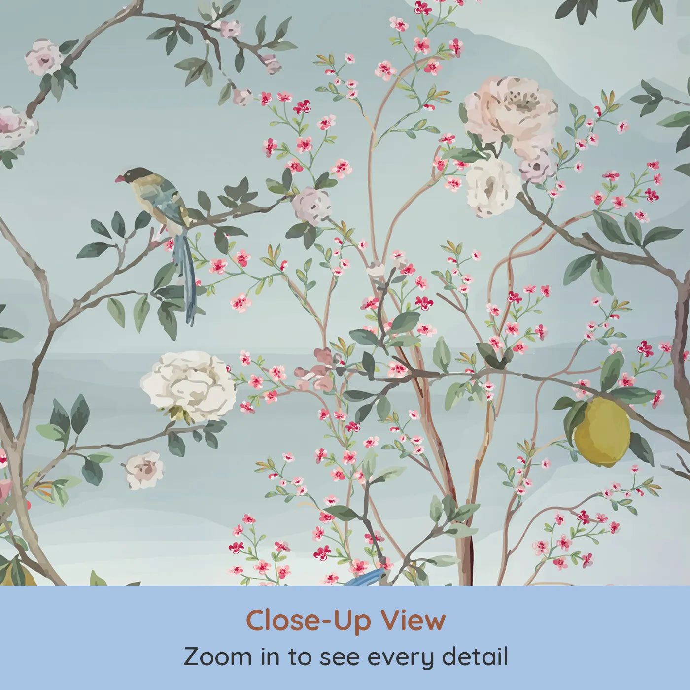 Close-up view of Whimsy Tots' Chinoiserie Paradise Wall Mural (Turn Their Room into an Elegant, Hand-Painted Garden).Gender-Neutral