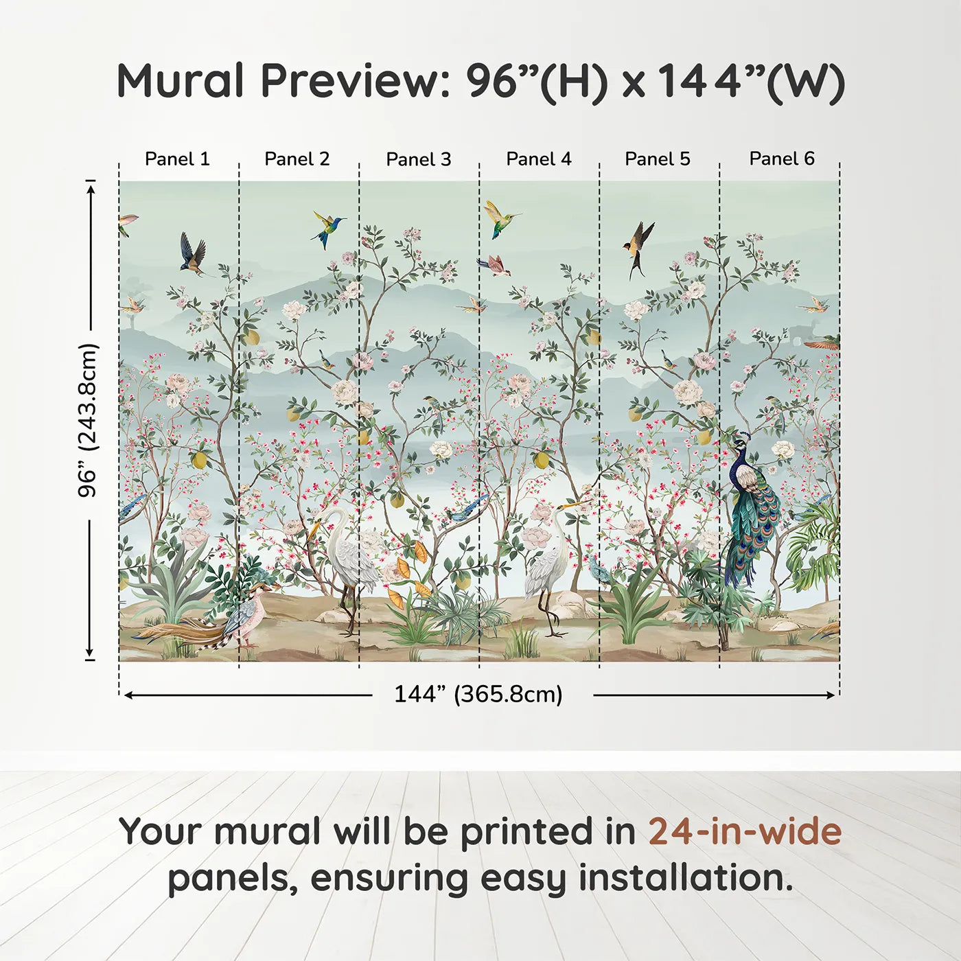 Whimsy Tots Chinoiserie Paradise Wall Muraldimension view (96" H x 144" W). Printed in six 24-inch-wide panels. Gender-Neutral