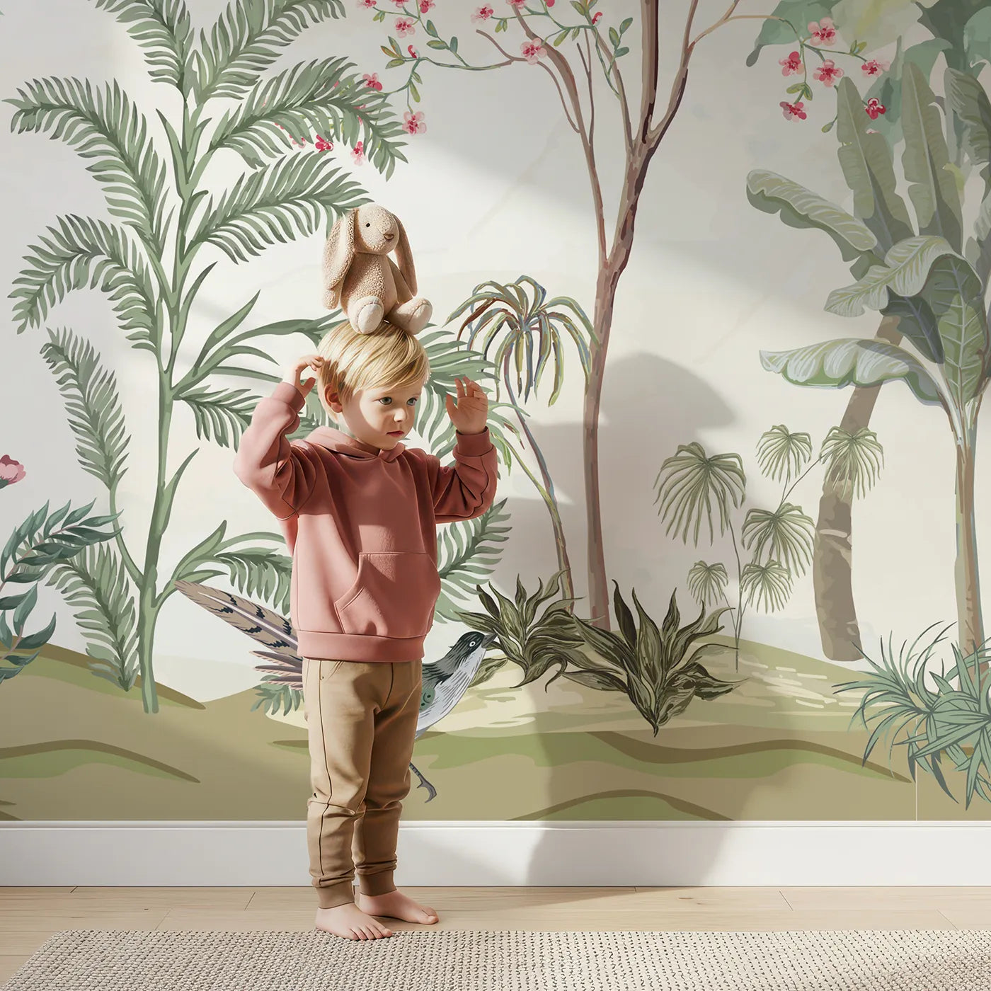 Child in front of Whimsy Tots Tropical Garden Wall Mural with chinoiserie, vintage, floral, bird, exotic, tropical, classic, elegant in design.