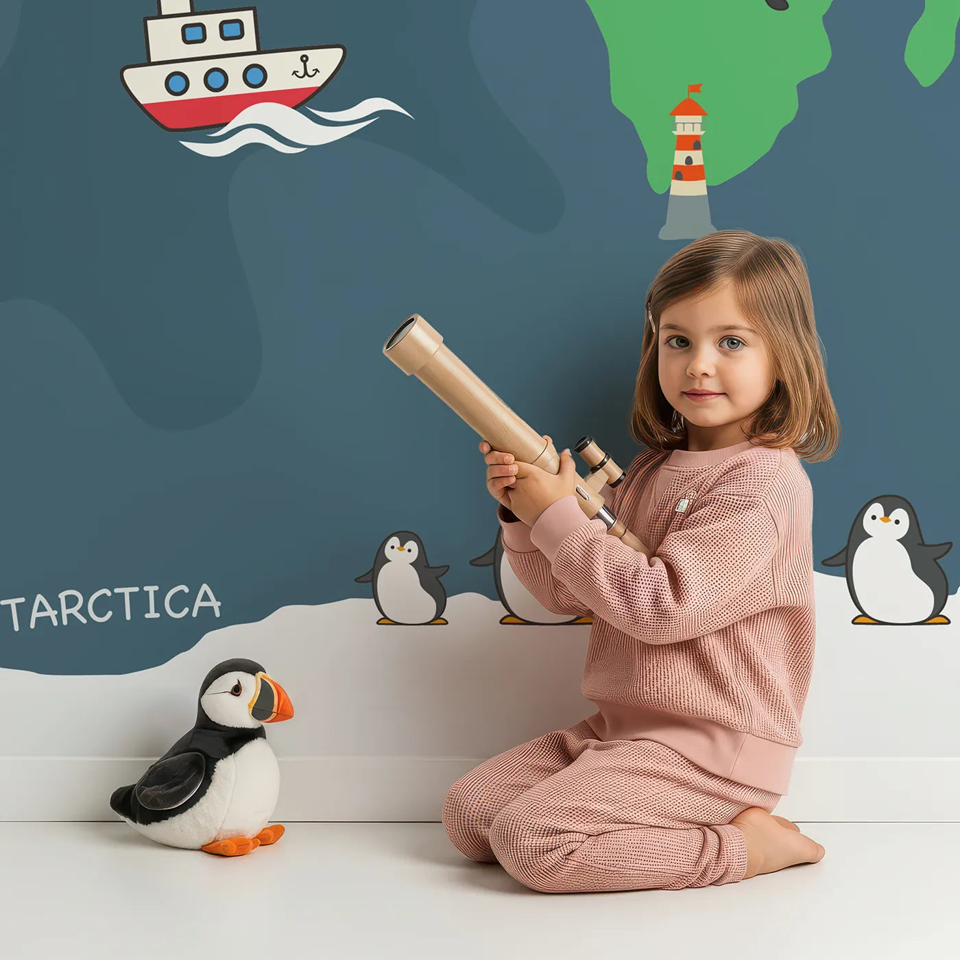 Child in front of Whimsy Tots Nighttime Animal World Map Wall Mural with map, world, animal, cute, educational, cartoon, night, ocean in design.