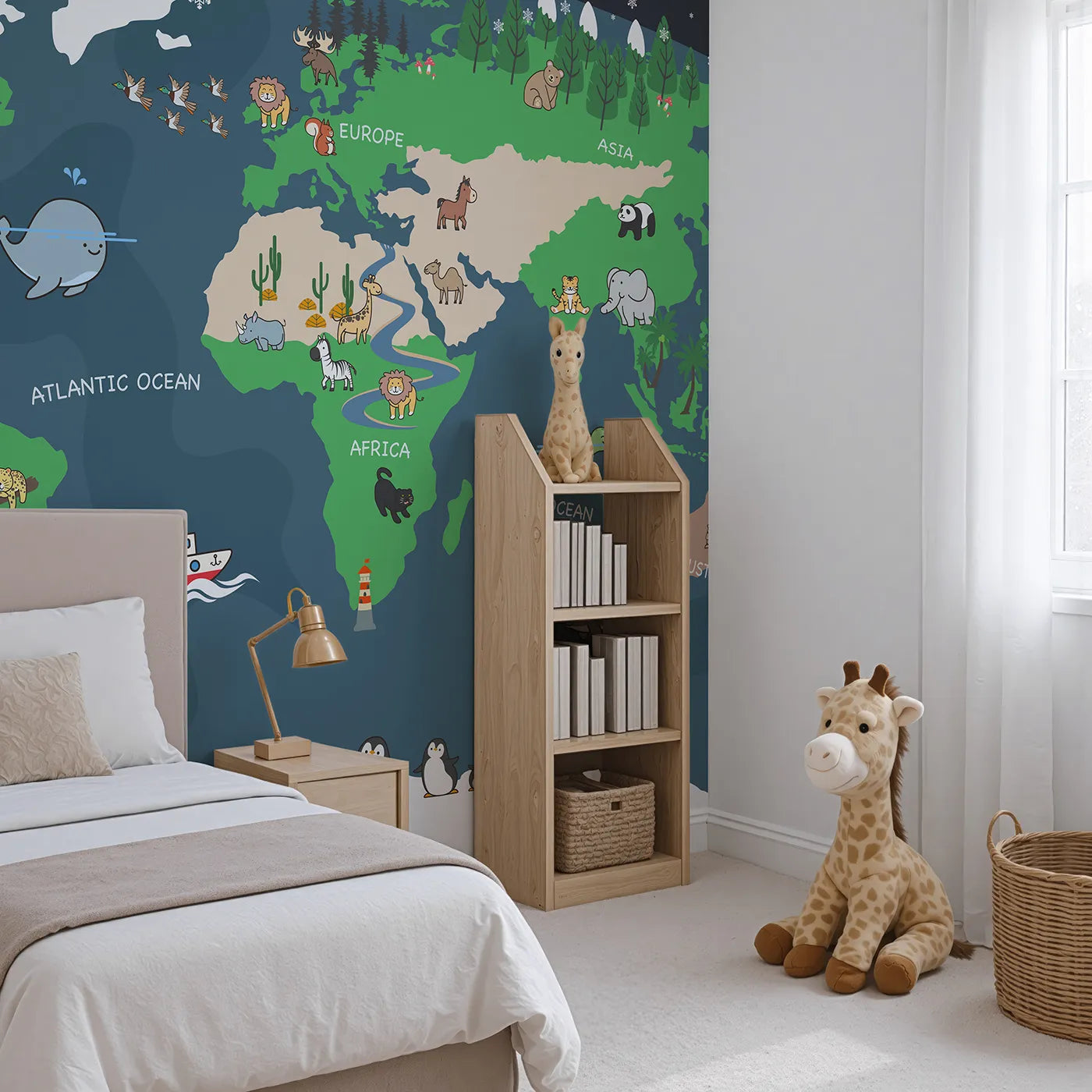 Angled view of Whimsy Tots' Nighttime Animal World Map Wall Mural (Turn Their Room into a Fun and Friendly Global Tour).Gender-Neutral