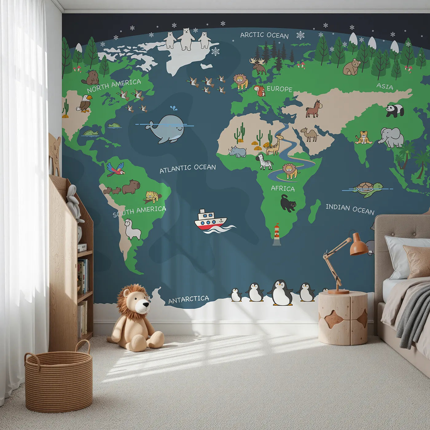 Front view of Whimsy Tots' Nighttime Animal World Map Wall Mural