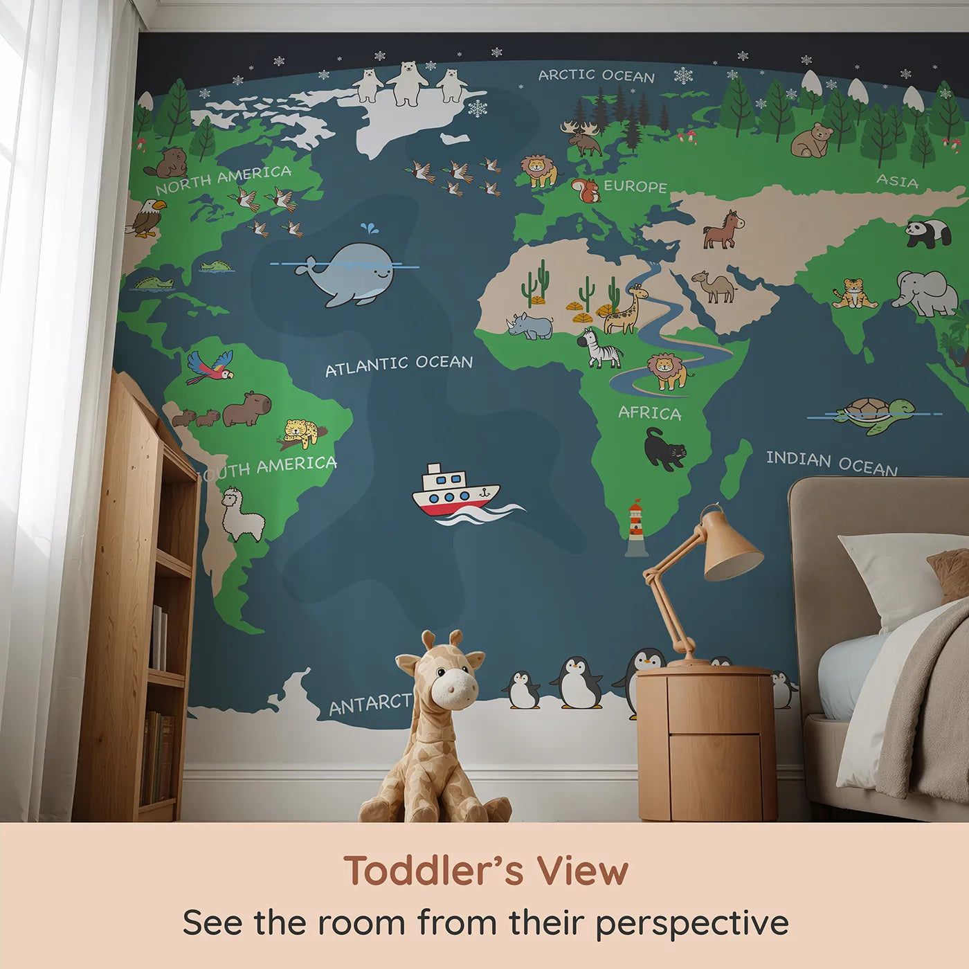 Whimsy Tots Nighttime Animal World Map Wall Mural (Turn Their Room into a Fun and Friendly Global Tour) from your child's view.Gender-Neutral