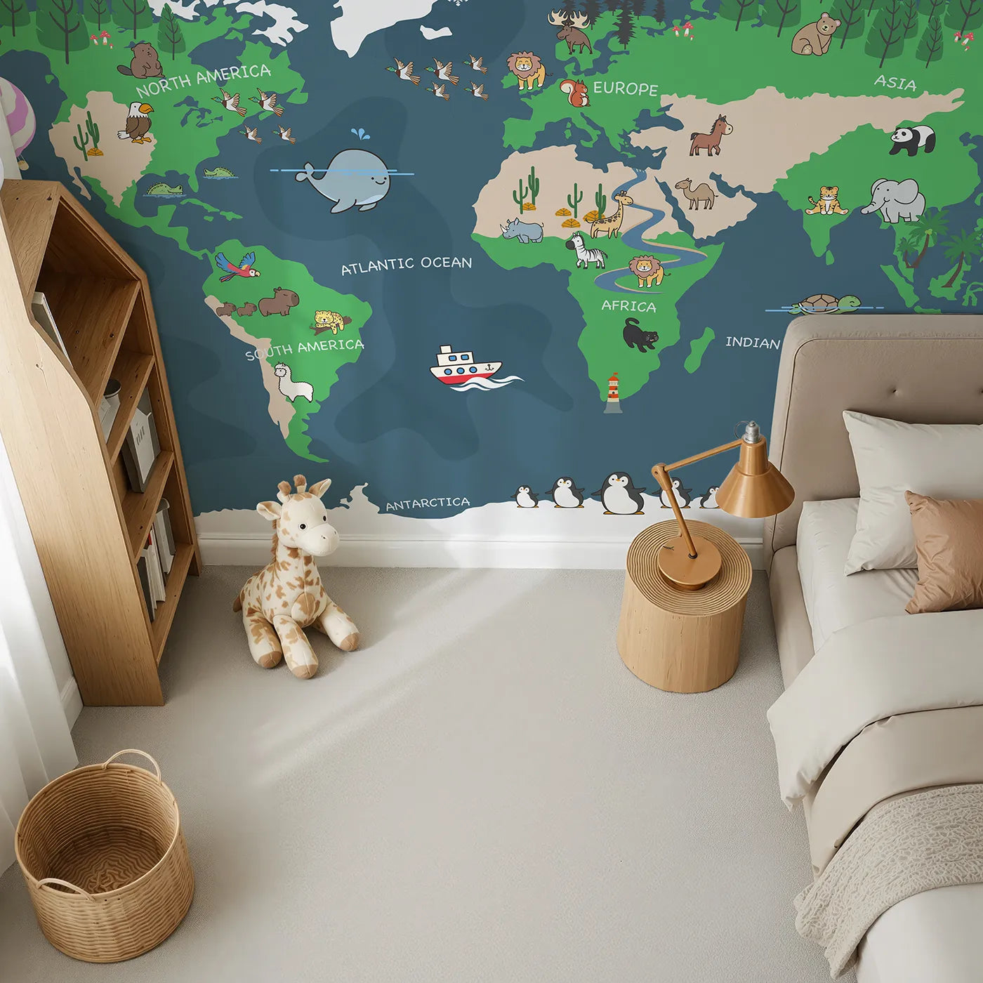 Top-down view of Whimsy Tots' Nighttime Animal World Map Wall Mural (Turn Their Room into a Fun and Friendly Global Tour).Gender-Neutral