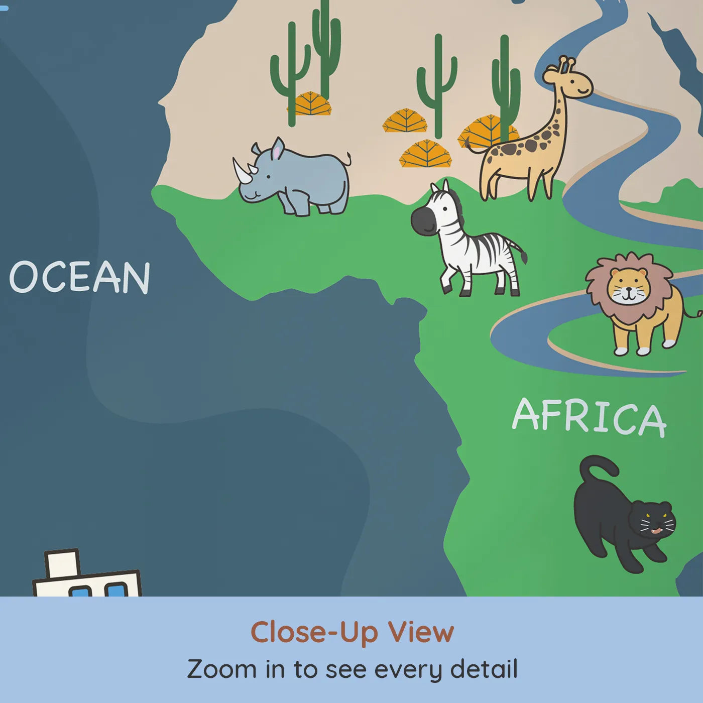 Close-up view of Whimsy Tots' Nighttime Animal World Map Wall Mural (Turn Their Room into a Fun and Friendly Global Tour).Gender-Neutral