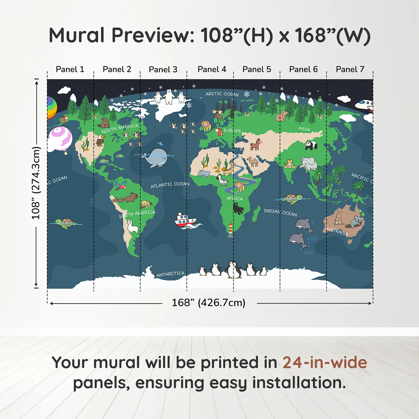 Whimsy Tots Nighttime Animal World Map Wall Muraldimension view (108" H x 168" W). Printed in seven 24-inch-wide panels. Gender-Neutral