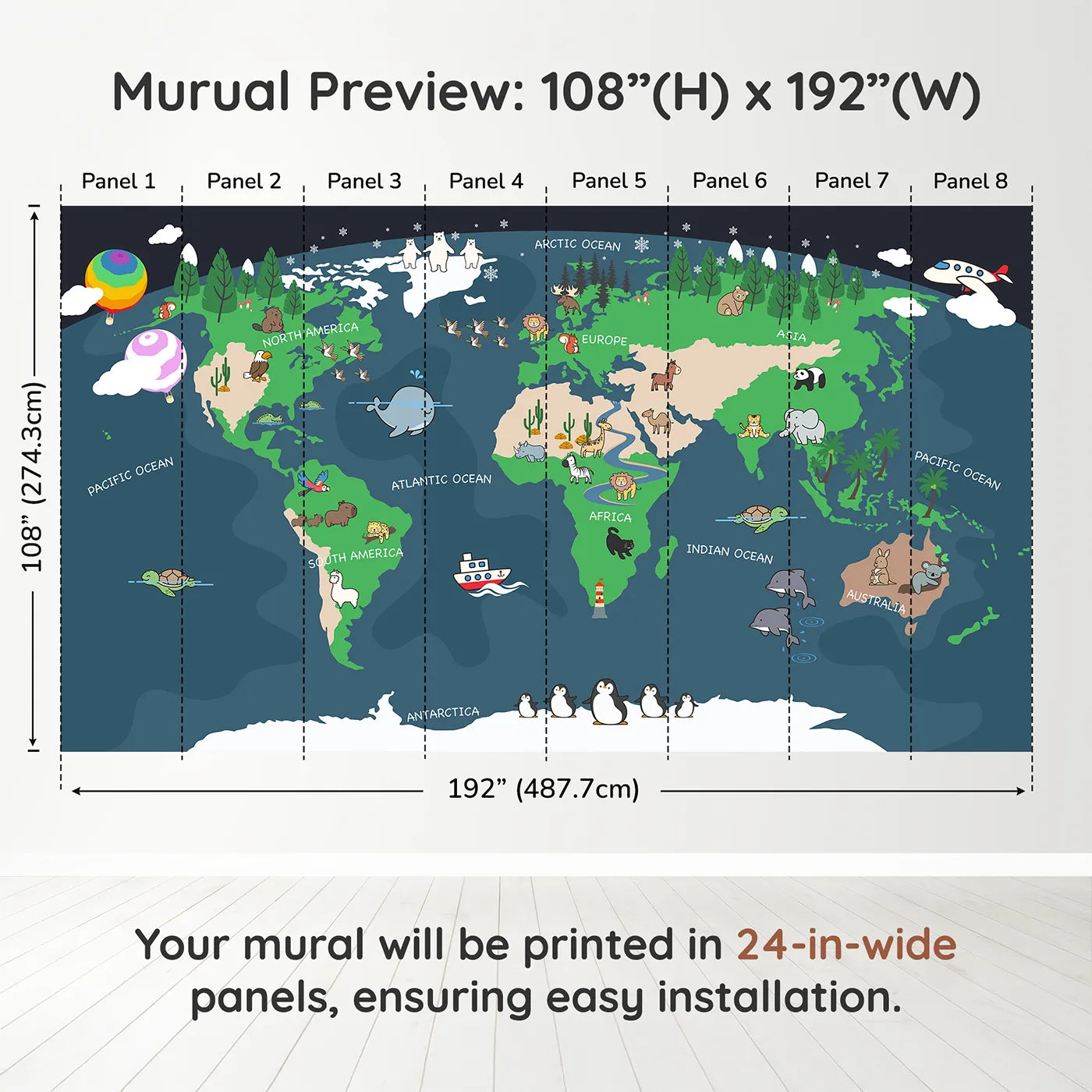 Whimsy Tots Nighttime Animal World Map Wall Muraldimension view (108" H x 192" W). Printed in eight 24-inch-wide panels. Gender-Neutral