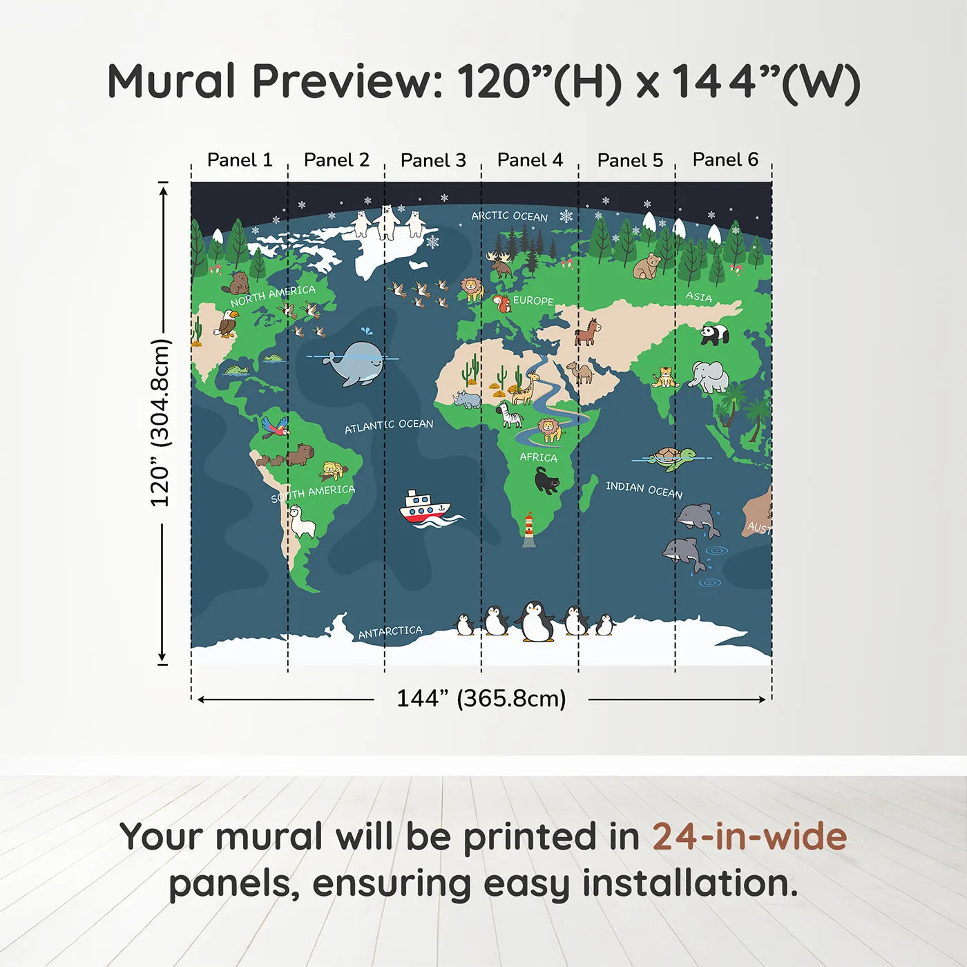 Whimsy Tots Nighttime Animal World Map Wall Muraldimension view (120" H x 144" W). Printed in six 24-inch-wide panels. Gender-Neutral