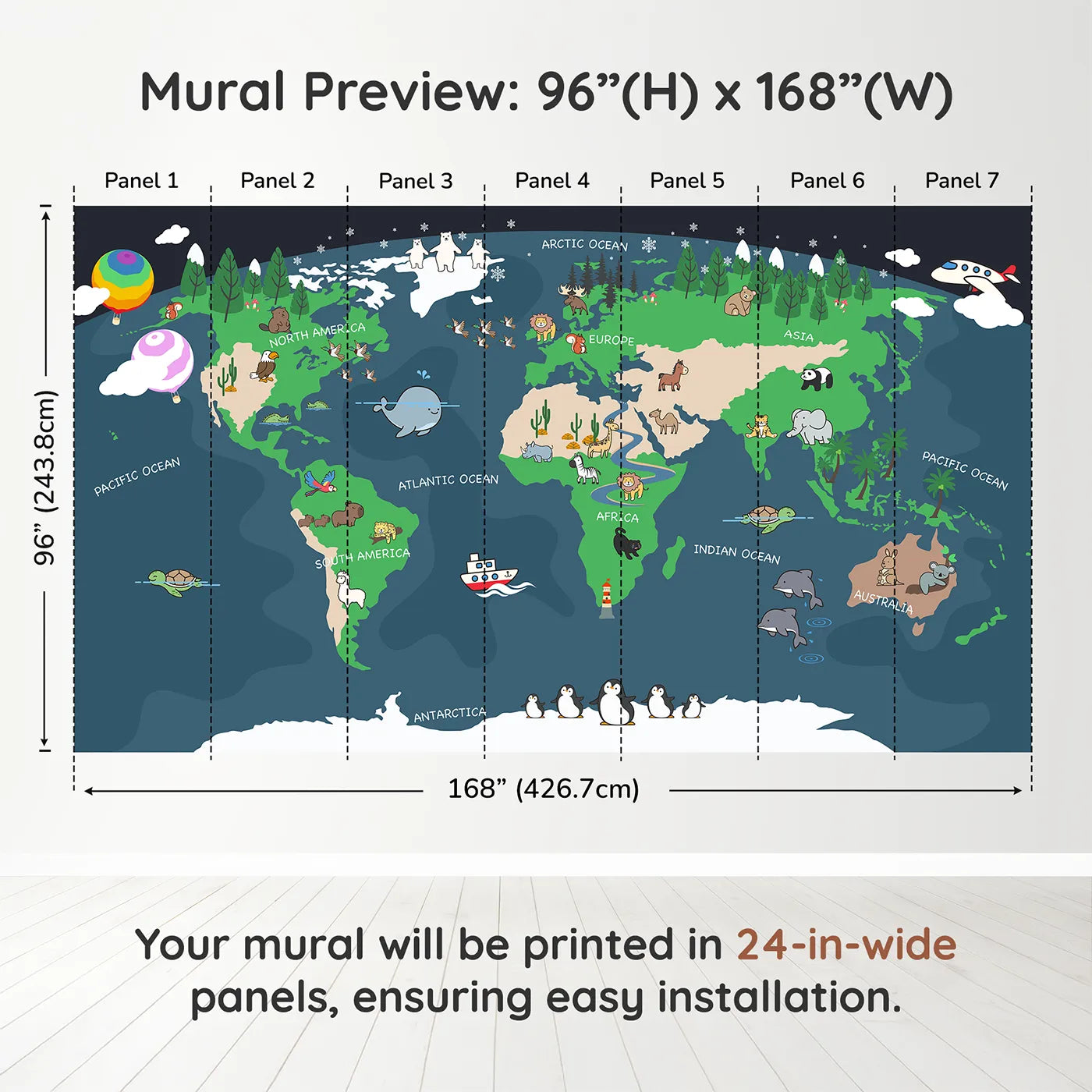 Whimsy Tots Nighttime Animal World Map Wall Muraldimension view (96" H x 168" W). Printed in seven 24-inch-wide panels. Gender-Neutral