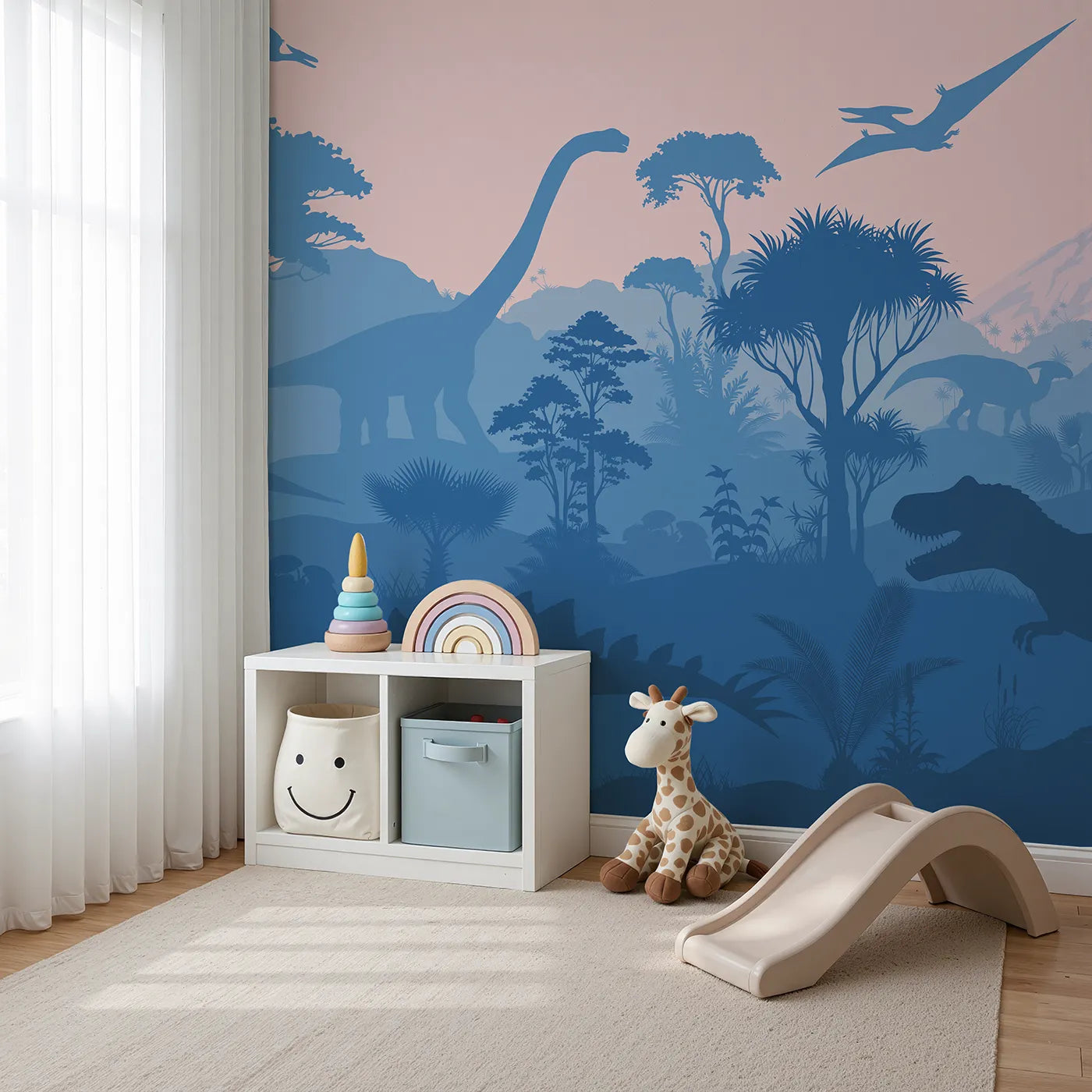 Angled view of Whimsy Tots' Dinosaur Sunset Silhouette Wall Mural (Turn Their Room into a Dramatic Prehistoric Landscape).Gender-Neutral