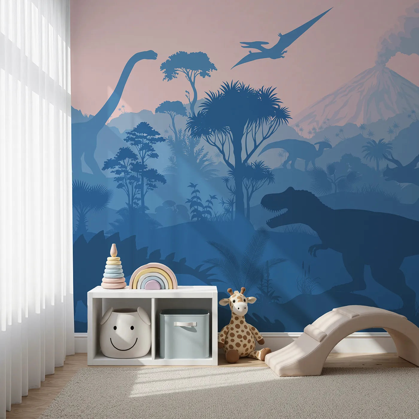 Front view of Whimsy Tots' Dinosaur Sunset Silhouette Wall Mural