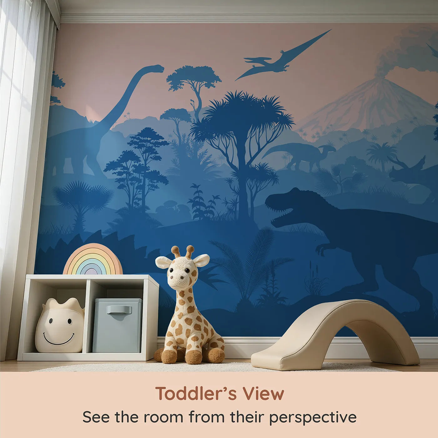 Whimsy Tots Dinosaur Sunset Silhouette Wall Mural (Turn Their Room into a Dramatic Prehistoric Landscape) from your child's view.Gender-Neutral