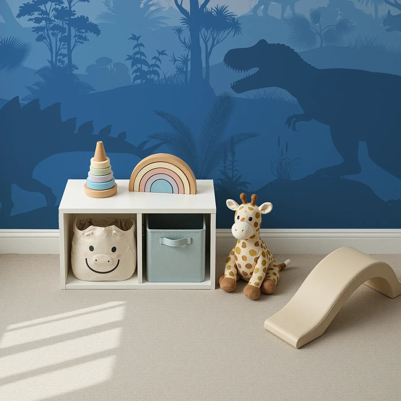 Top-down view of Whimsy Tots' Dinosaur Sunset Silhouette Wall Mural (Turn Their Room into a Dramatic Prehistoric Landscape).Gender-Neutral