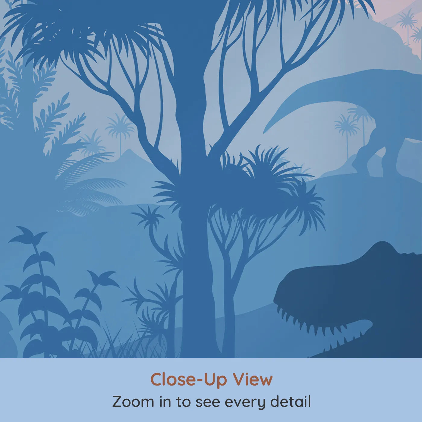 Close-up view of Whimsy Tots' Dinosaur Sunset Silhouette Wall Mural (Turn Their Room into a Dramatic Prehistoric Landscape).Gender-Neutral