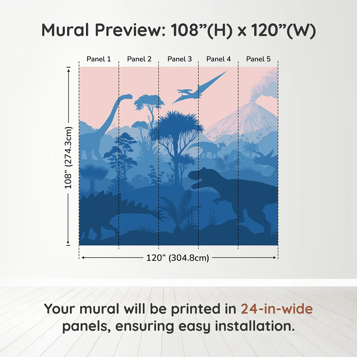 Whimsy Tots Dinosaur Sunset Silhouette Wall Muraldimension view (108" H x 120" W). Printed in five 24-inch-wide panels. Gender-Neutral