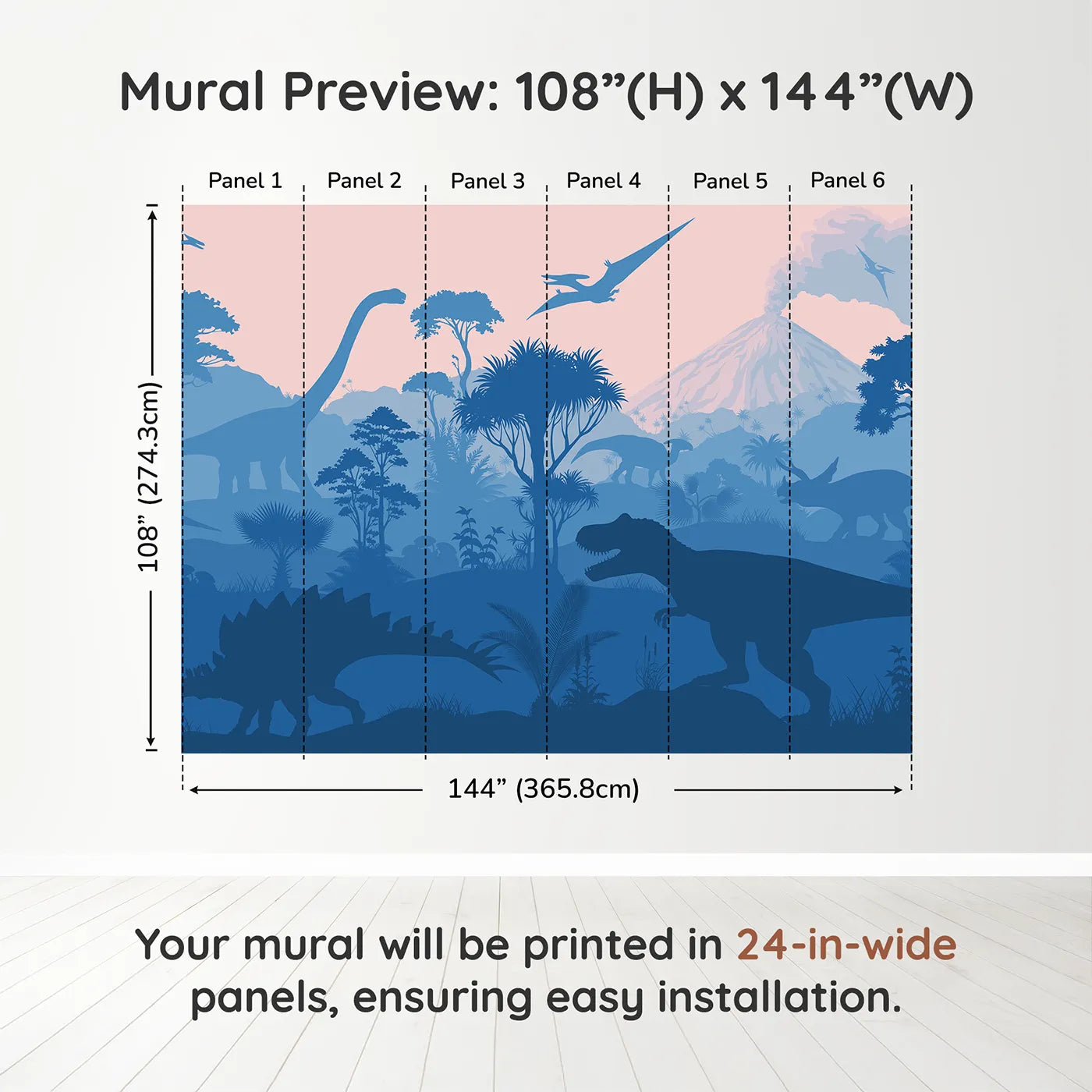 Whimsy Tots Dinosaur Sunset Silhouette Wall Muraldimension view (108" H x 144" W). Printed in six 24-inch-wide panels. Gender-Neutral
