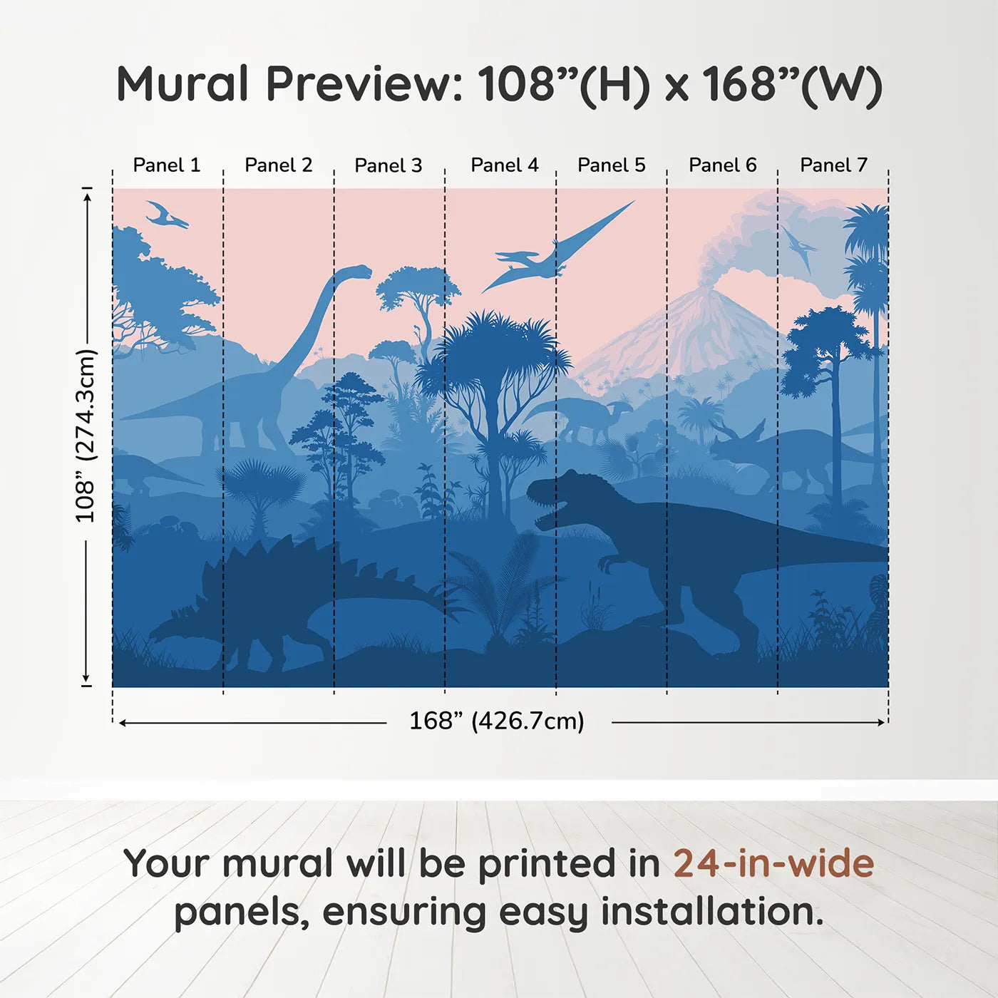 Whimsy Tots Dinosaur Sunset Silhouette Wall Muraldimension view (108" H x 168" W). Printed in seven 24-inch-wide panels. Gender-Neutral