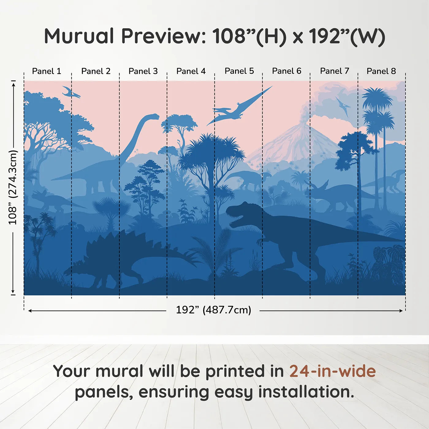 Whimsy Tots Dinosaur Sunset Silhouette Wall Muraldimension view (108" H x 192" W). Printed in eight 24-inch-wide panels. Gender-Neutral