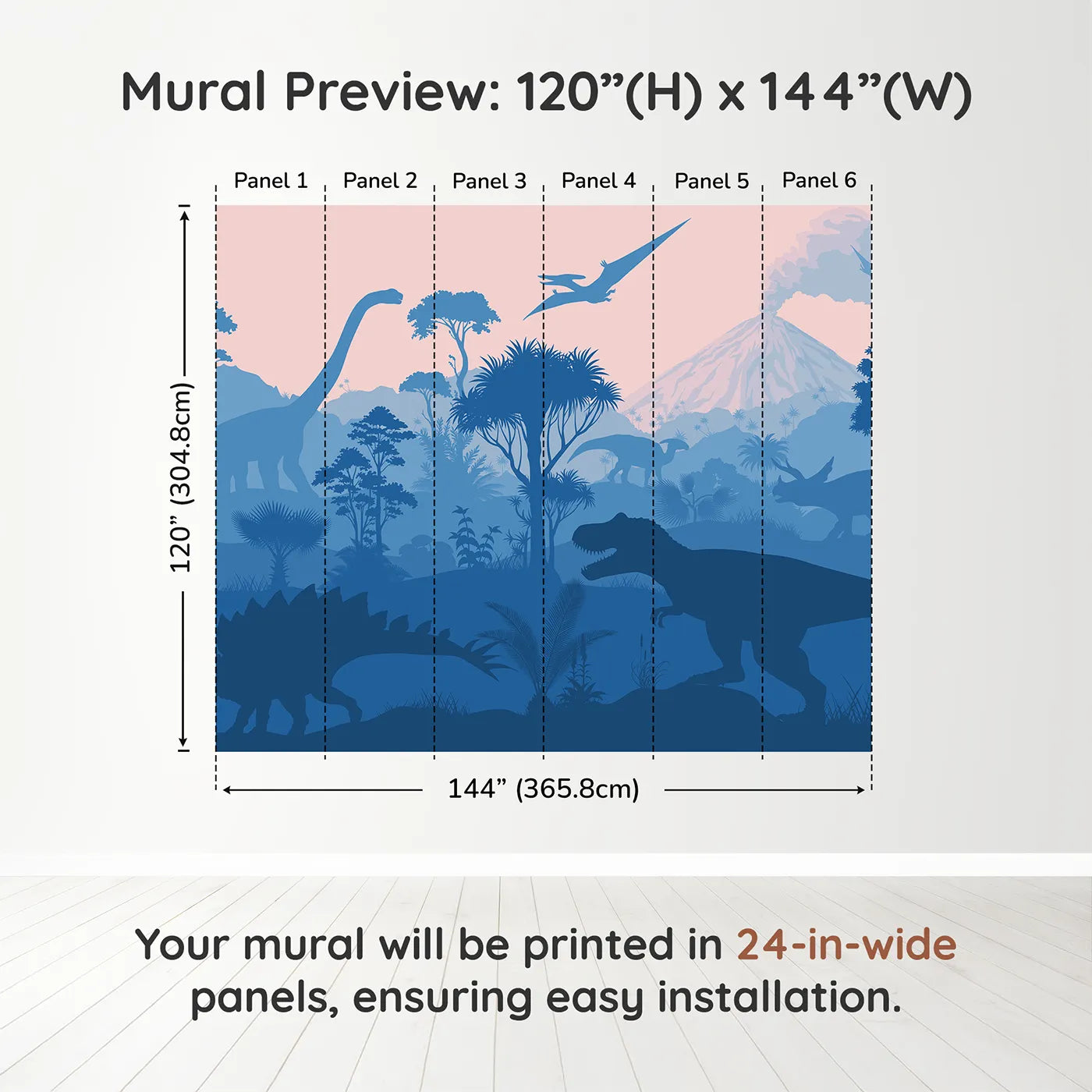 Whimsy Tots Dinosaur Sunset Silhouette Wall Muraldimension view (120" H x 144" W). Printed in six 24-inch-wide panels. Gender-Neutral