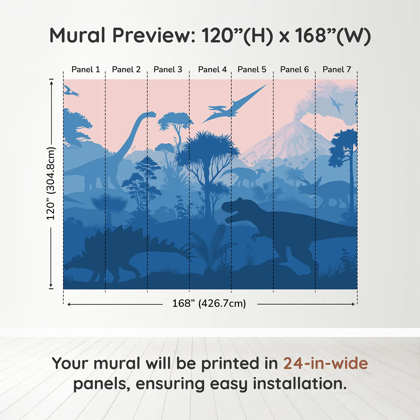Whimsy Tots Dinosaur Sunset Silhouette Wall Muraldimension view (120" H x 168" W). Printed in seven 24-inch-wide panels. Gender-Neutral