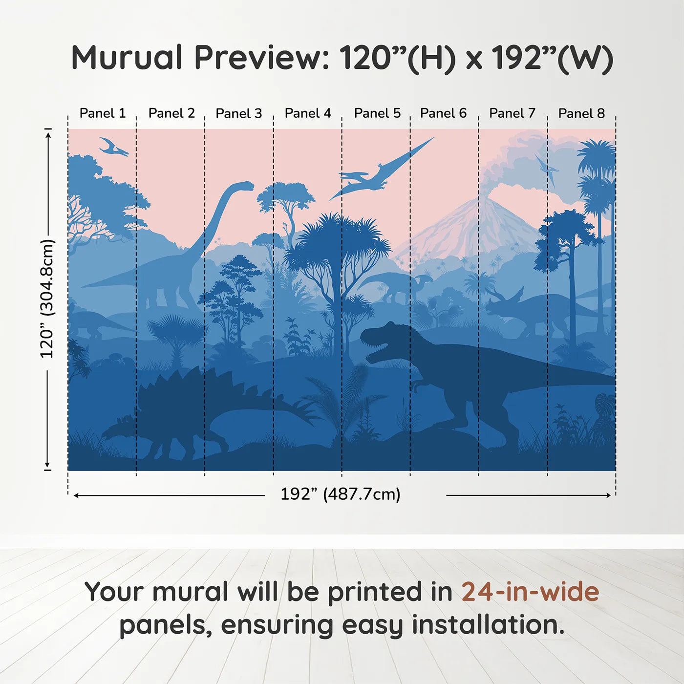 Whimsy Tots Dinosaur Sunset Silhouette Wall Muraldimension view (120" H x 192" W). Printed in eight 24-inch-wide panels. Gender-Neutral