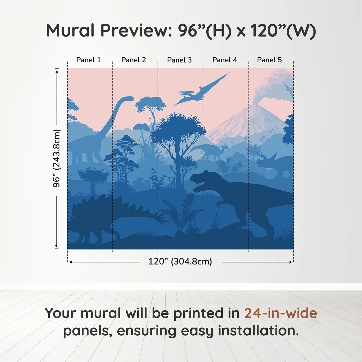 Whimsy Tots Dinosaur Sunset Silhouette Wall Muraldimension view (96" H x 120" W). Printed in five 24-inch-wide panels. Gender-Neutral