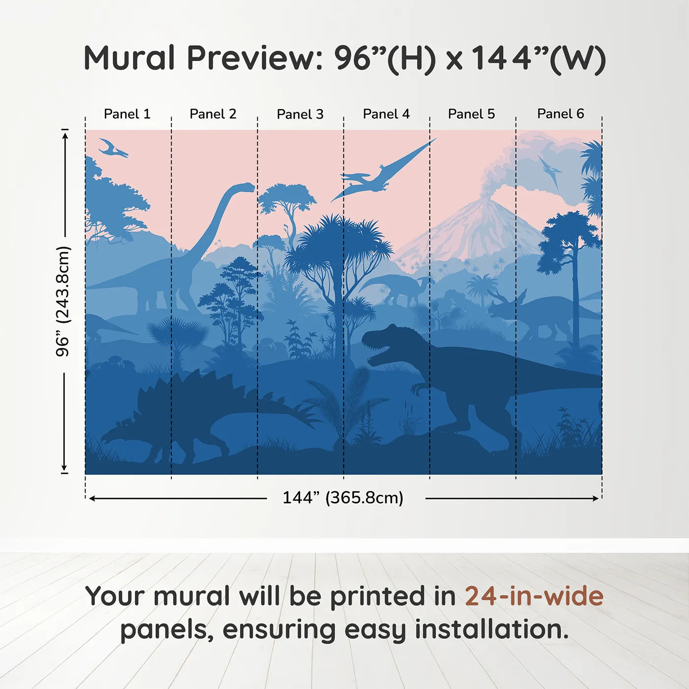 Whimsy Tots Dinosaur Sunset Silhouette Wall Muraldimension view (96" H x 144" W). Printed in six 24-inch-wide panels. Gender-Neutral