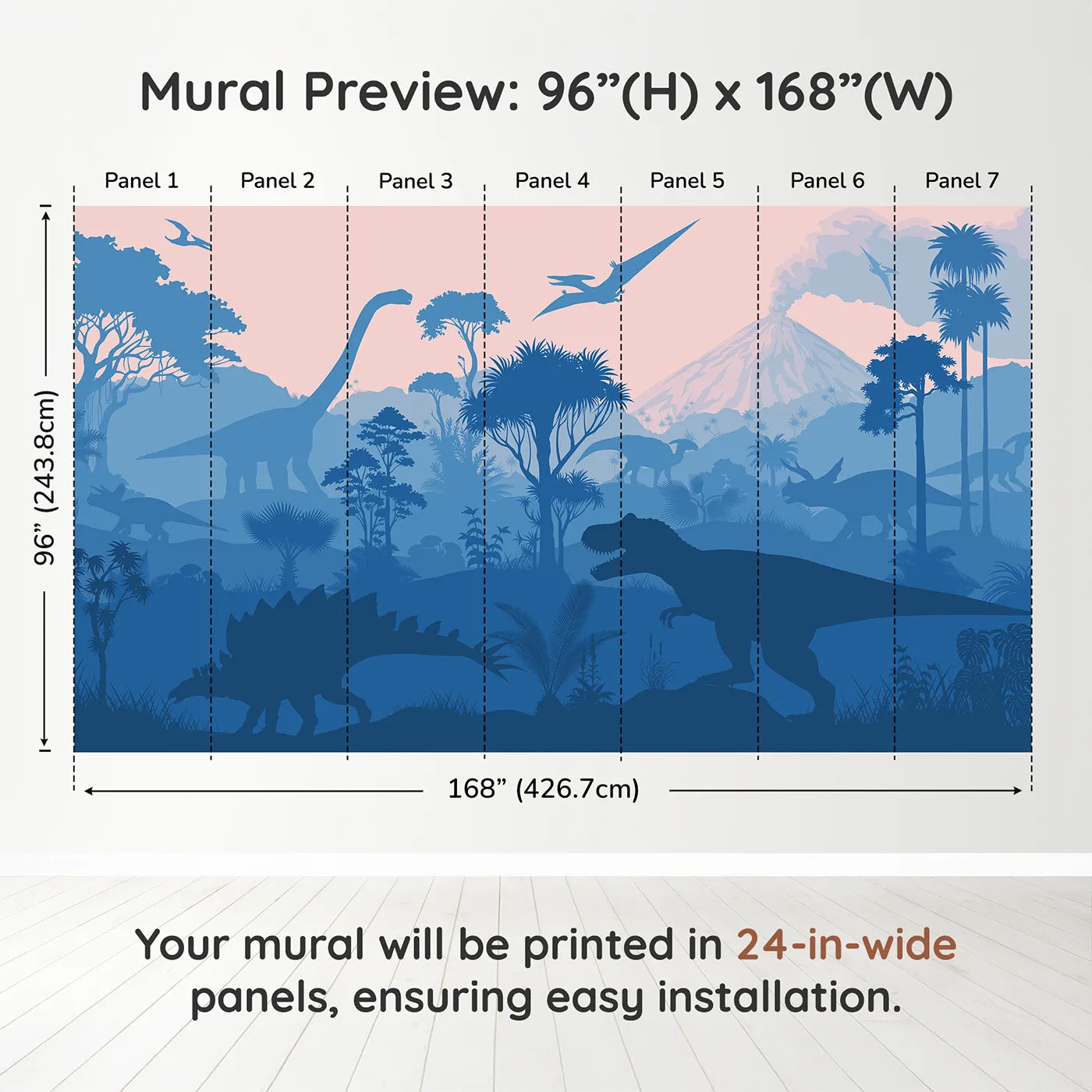 Whimsy Tots Dinosaur Sunset Silhouette Wall Muraldimension view (96" H x 168" W). Printed in seven 24-inch-wide panels. Gender-Neutral