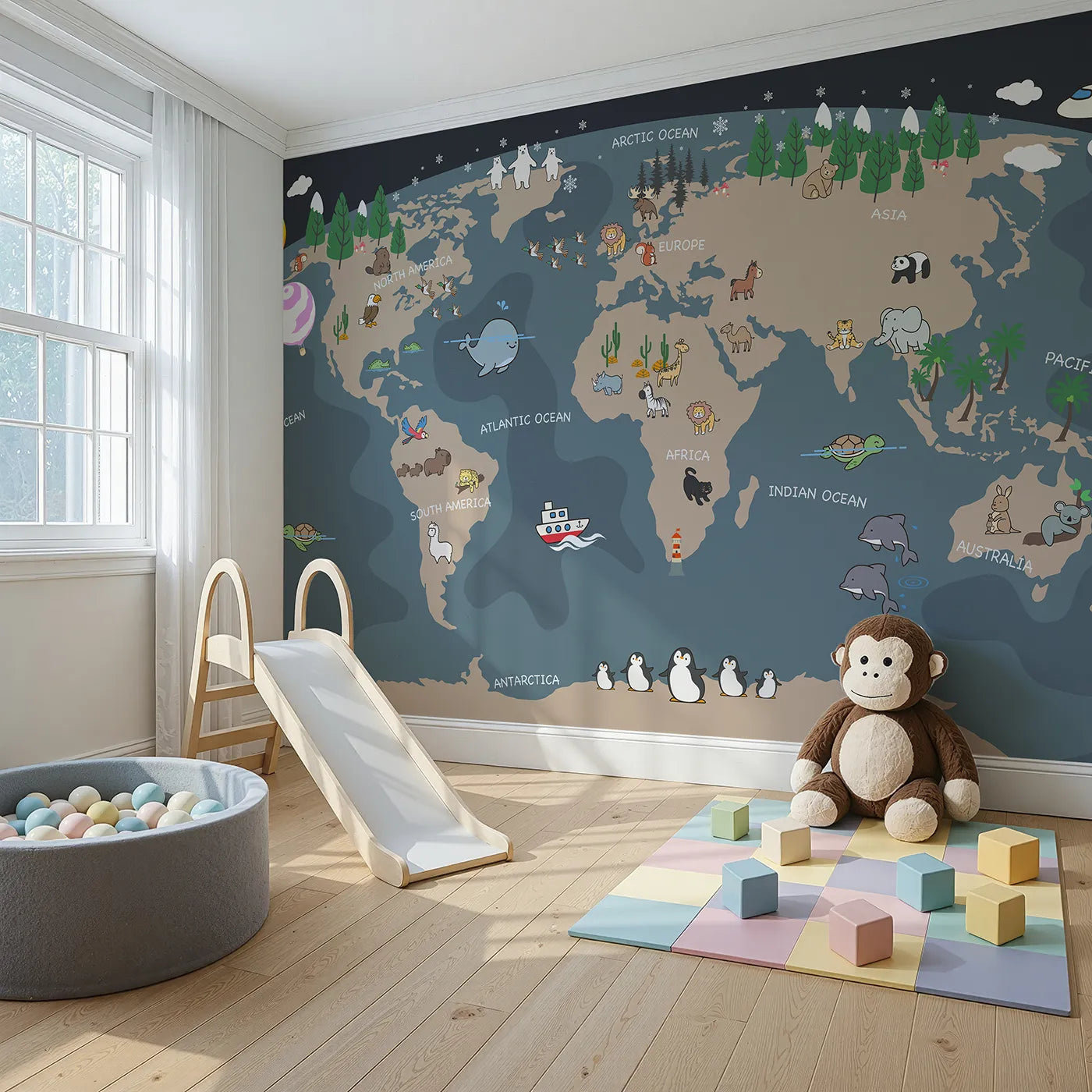Angled view of Whimsy Tots' Nighttime Animal World Map Wall Mural in Gray (Turn Their Room into a Fun and Friendly Global Tour).Gender-Neutral