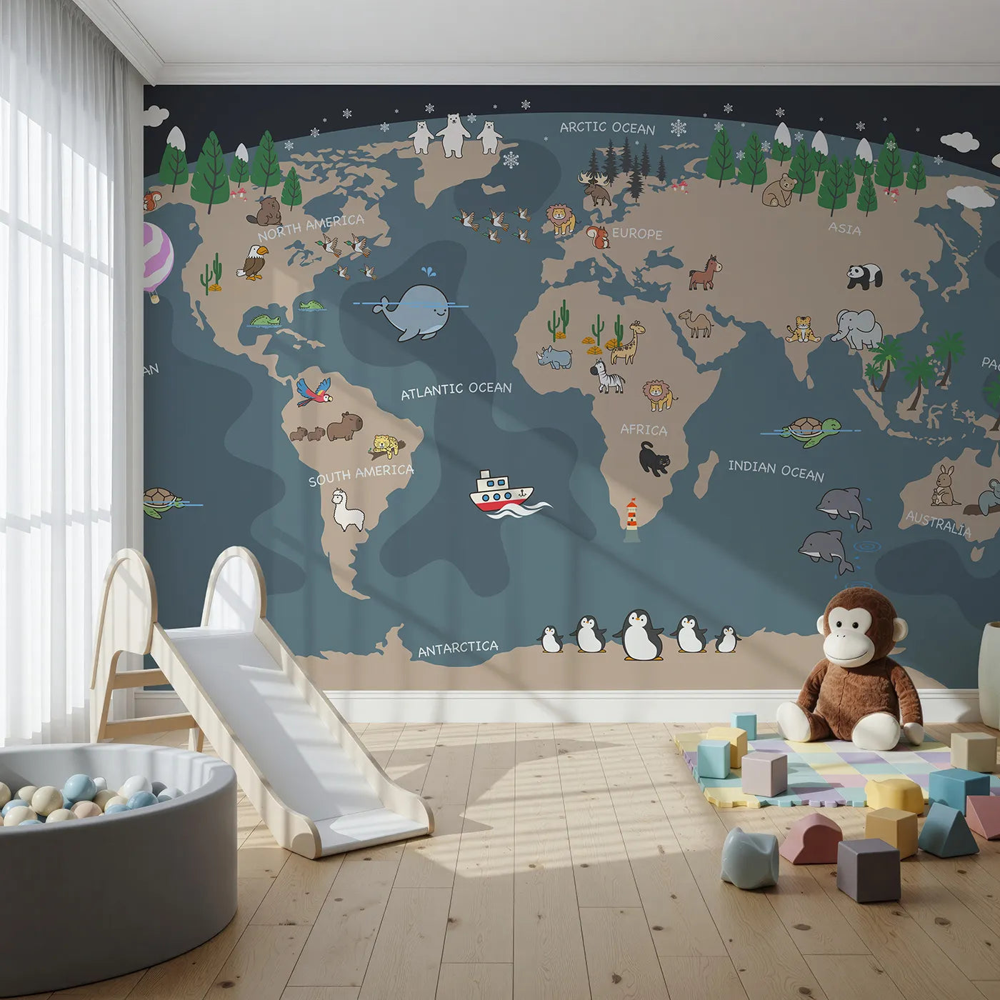 Front view of Whimsy Tots' Nighttime Animal World Map Wall Mural in Gray