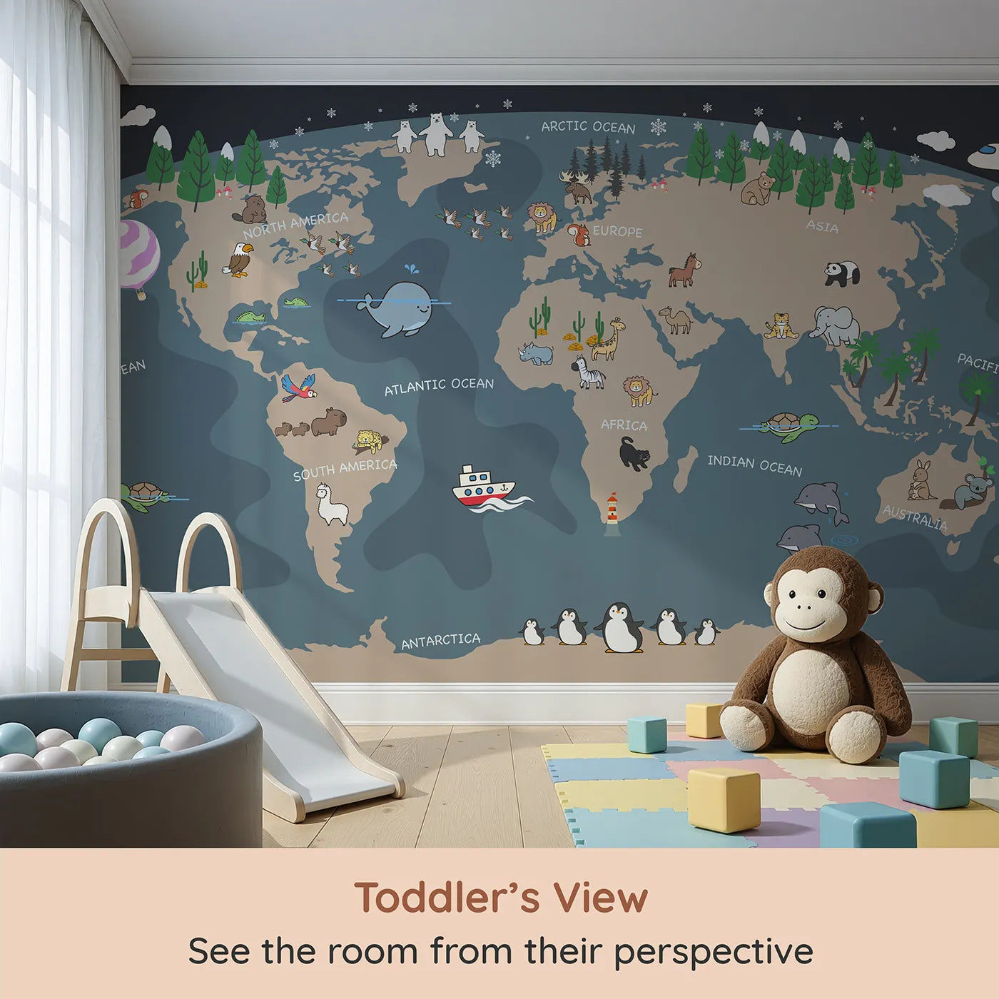 Whimsy Tots Nighttime Animal World Map Wall Mural in Gray (Turn Their Room into a Fun and Friendly Global Tour) from your child's view.Gender-Neutral