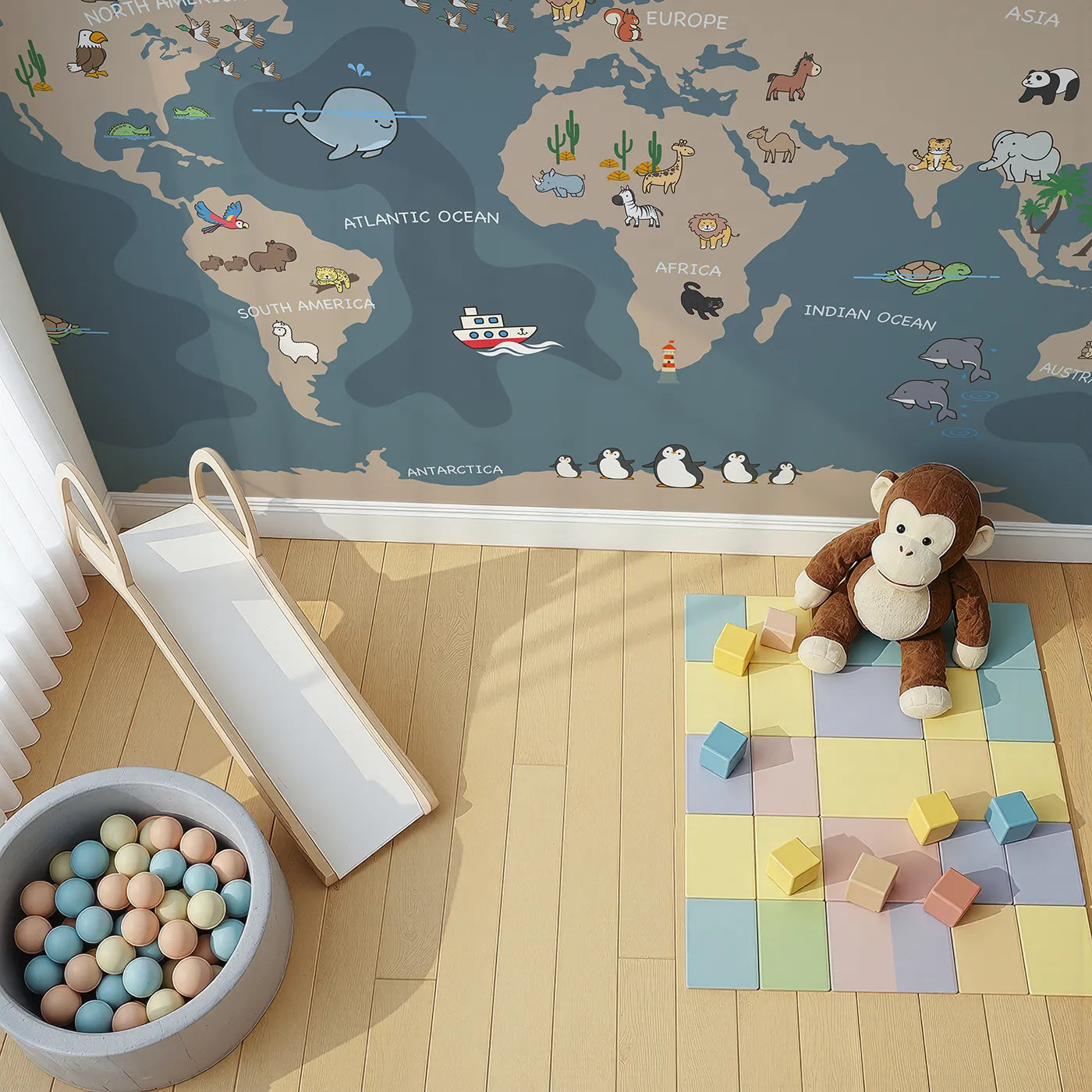Top-down view of Whimsy Tots' Nighttime Animal World Map Wall Mural in Gray (Turn Their Room into a Fun and Friendly Global Tour).Gender-Neutral