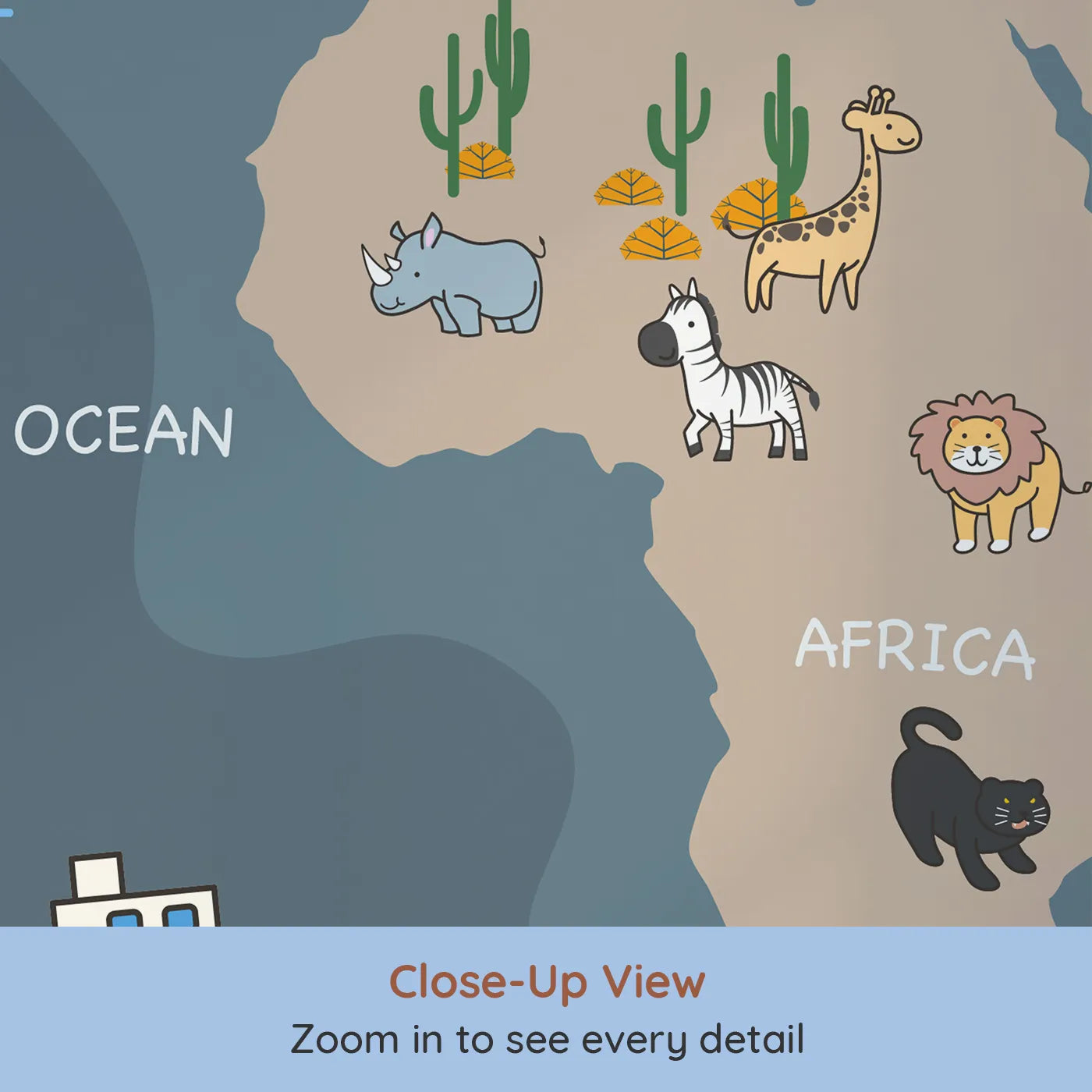 Close-up view of Whimsy Tots' Nighttime Animal World Map Wall Mural in Gray (Turn Their Room into a Fun and Friendly Global Tour).Gender-Neutral