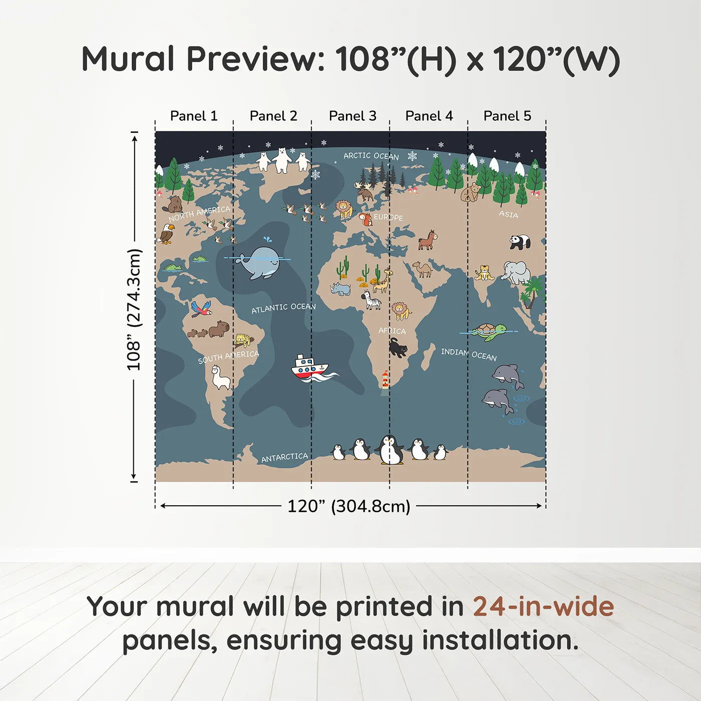 Whimsy Tots Nighttime Animal World Map Wall Mural in Graydimension view (108" H x 120" W). Printed in five 24-inch-wide panels. Gender-Neutral