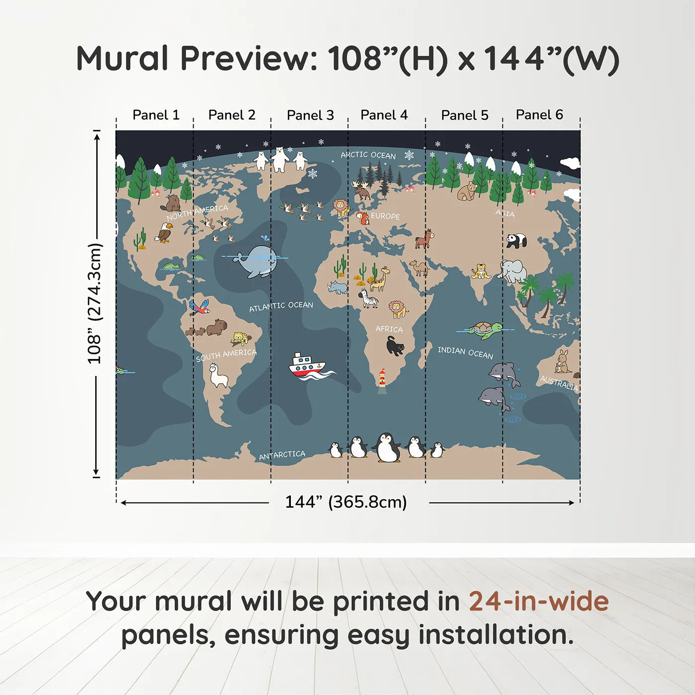 Whimsy Tots Nighttime Animal World Map Wall Mural in Graydimension view (108" H x 144" W). Printed in six 24-inch-wide panels. Gender-Neutral
