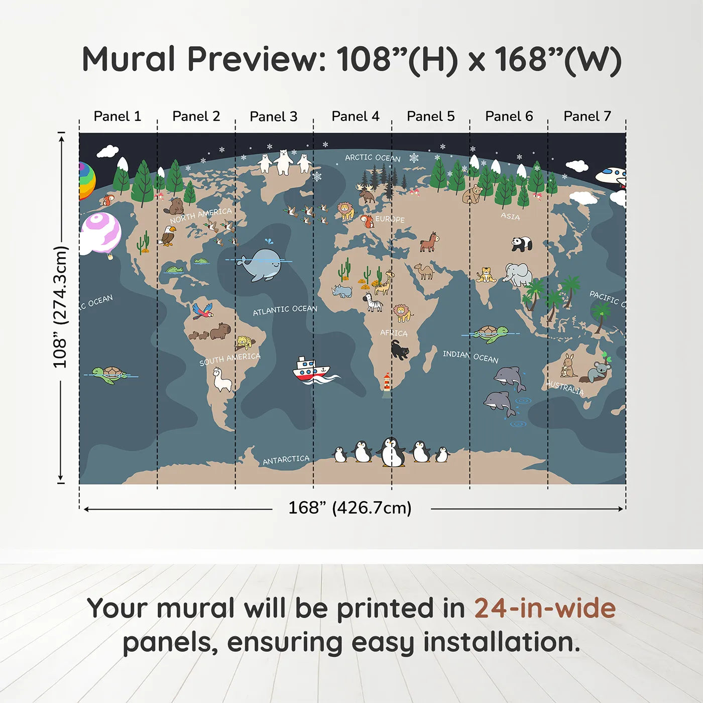 Whimsy Tots Nighttime Animal World Map Wall Mural in Graydimension view (108" H x 168" W). Printed in seven 24-inch-wide panels. Gender-Neutral