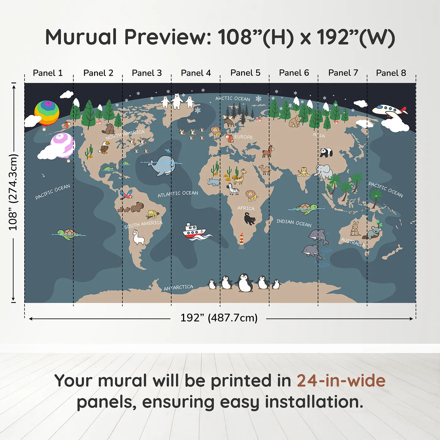 Whimsy Tots Nighttime Animal World Map Wall Mural in Graydimension view (108" H x 192" W). Printed in eight 24-inch-wide panels. Gender-Neutral