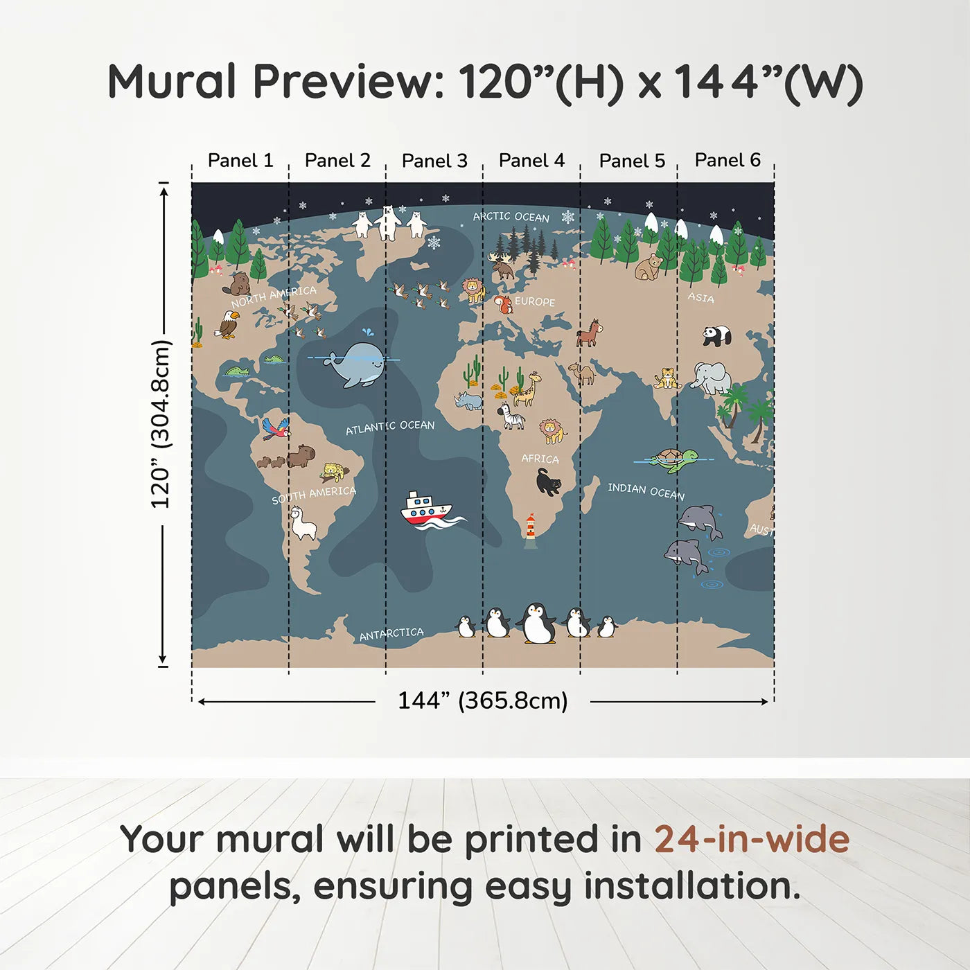 Whimsy Tots Nighttime Animal World Map Wall Mural in Graydimension view (120" H x 144" W). Printed in six 24-inch-wide panels. Gender-Neutral