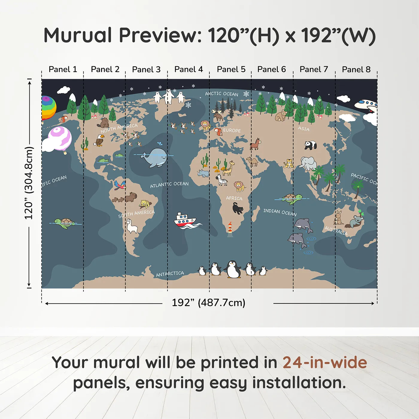 Whimsy Tots Nighttime Animal World Map Wall Mural in Graydimension view (120" H x 192" W). Printed in eight 24-inch-wide panels. Gender-Neutral