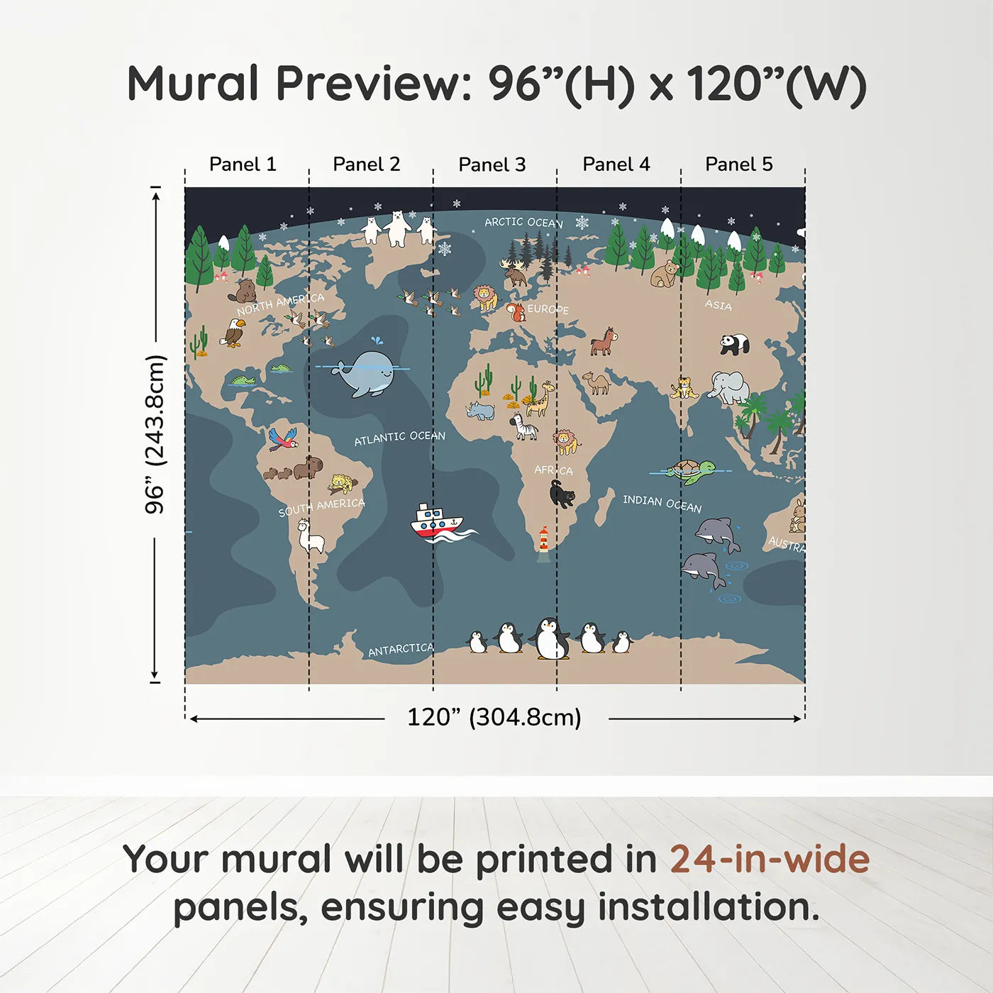 Whimsy Tots Nighttime Animal World Map Wall Mural in Graydimension view (96" H x 120" W). Printed in five 24-inch-wide panels. Gender-Neutral