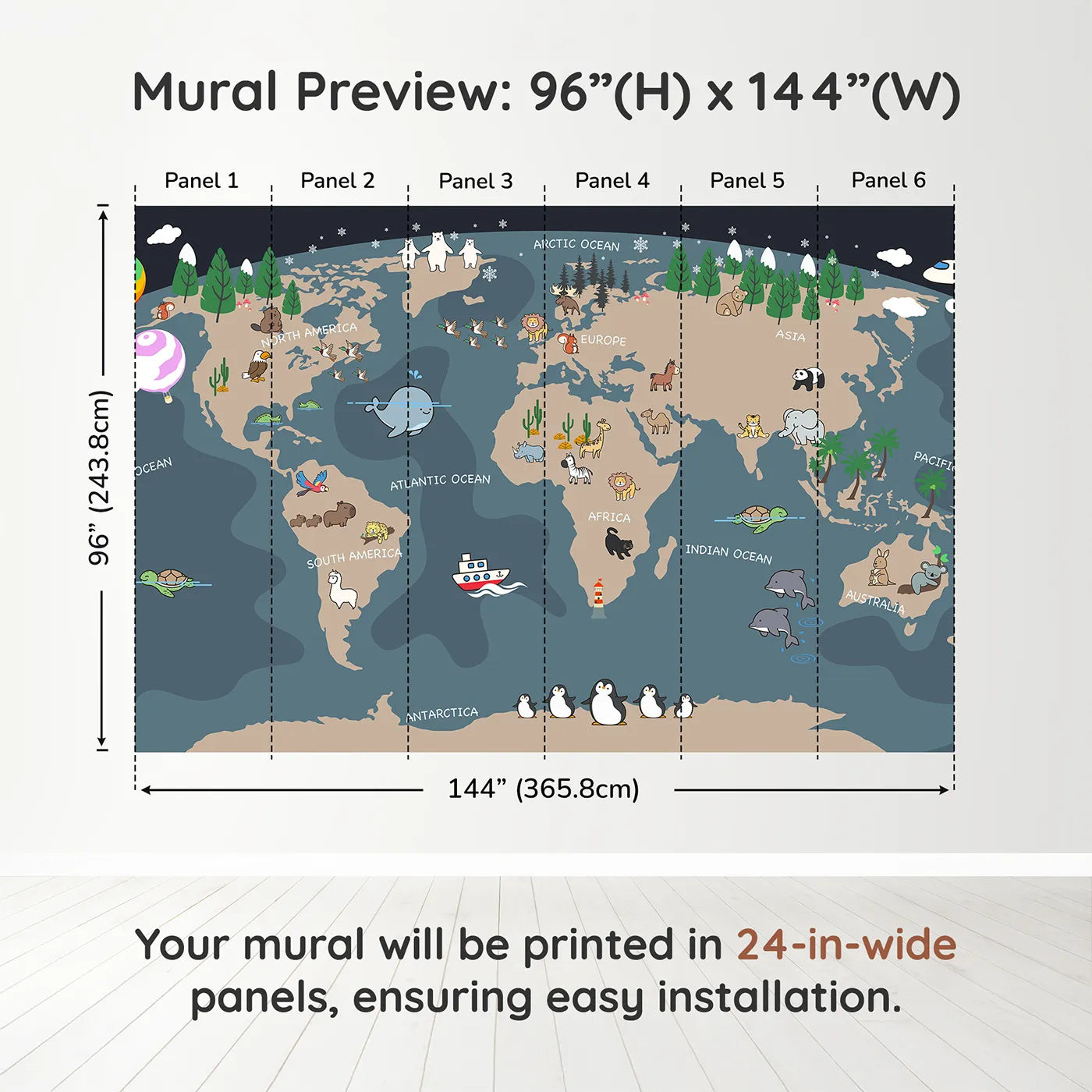 Whimsy Tots Nighttime Animal World Map Wall Mural in Graydimension view (96" H x 144" W). Printed in six 24-inch-wide panels. Gender-Neutral